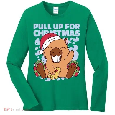 Christmas Capybara Pull Up Women's Long Sleeve Shirt
