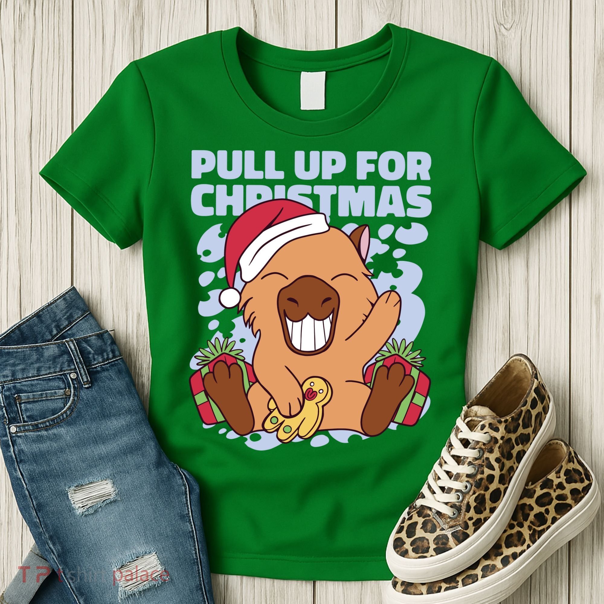 Christmas Capybara Pull Up Women's T-Shirt