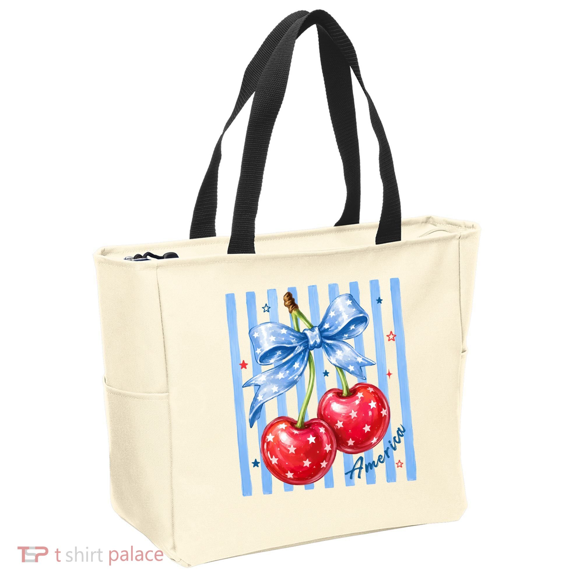 Cute Coquette Patriotic USA America Red White Blue Cherries Tote Bag
