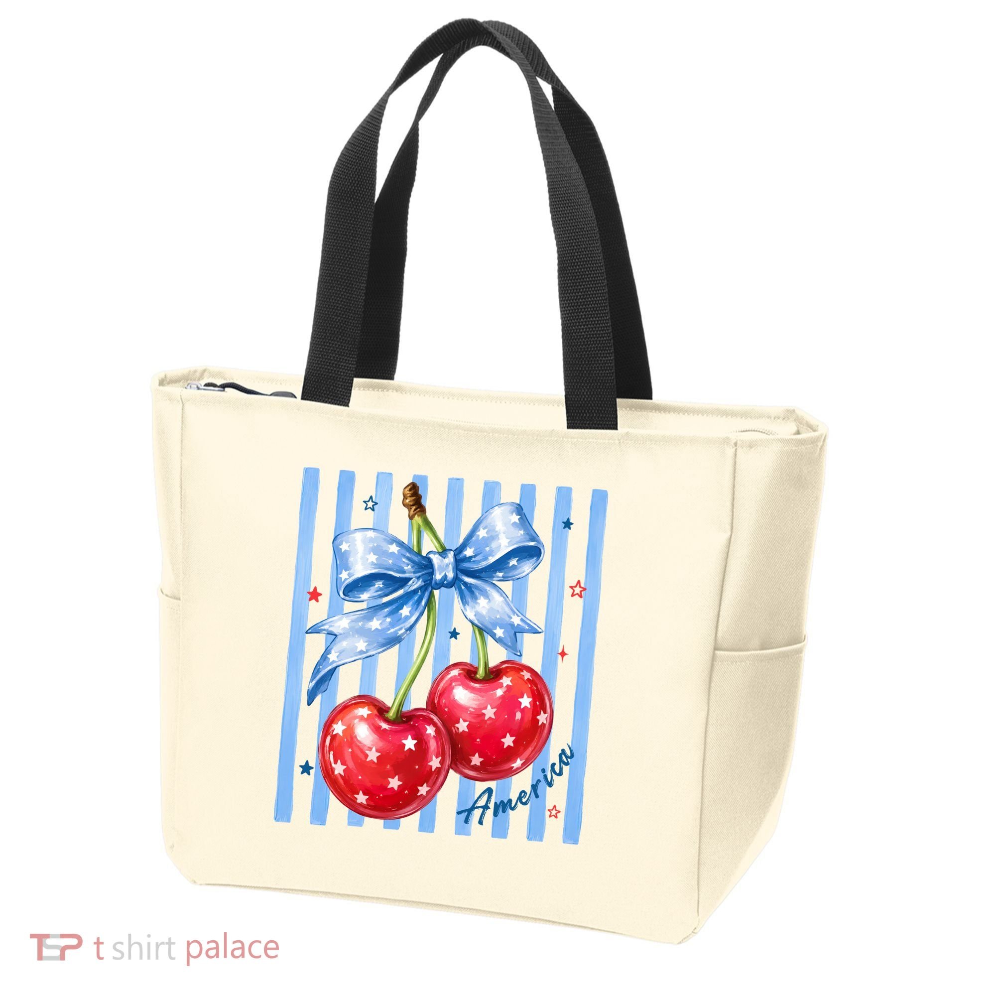 Cute Coquette Patriotic USA America Red White Blue Cherries Tote Bag