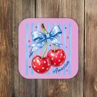 Cute Coquette Patriotic USA America Red White Blue Cherries Coaster thumb 0