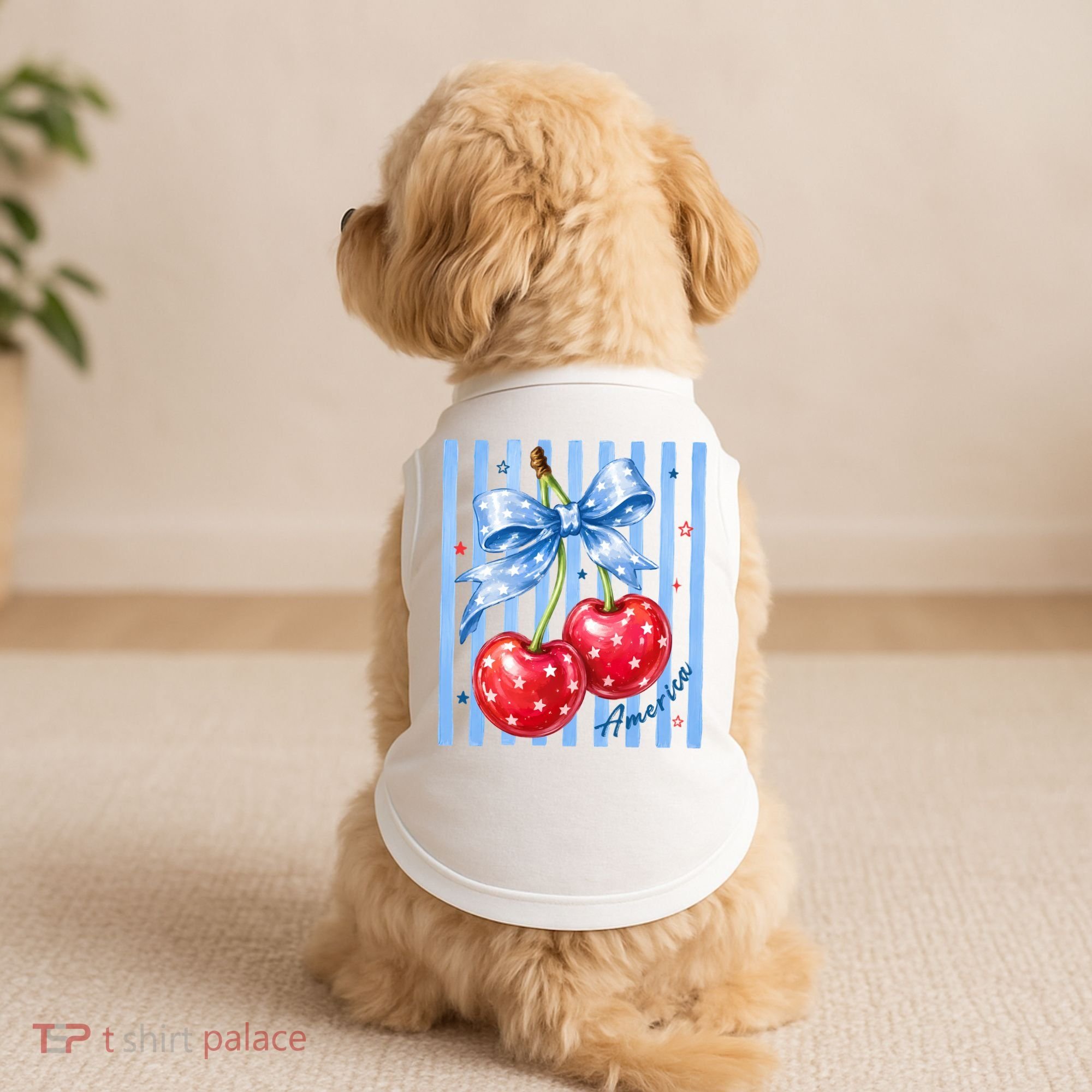 Cute Coquette Patriotic USA America Red White Blue Cherries Doggie Tank