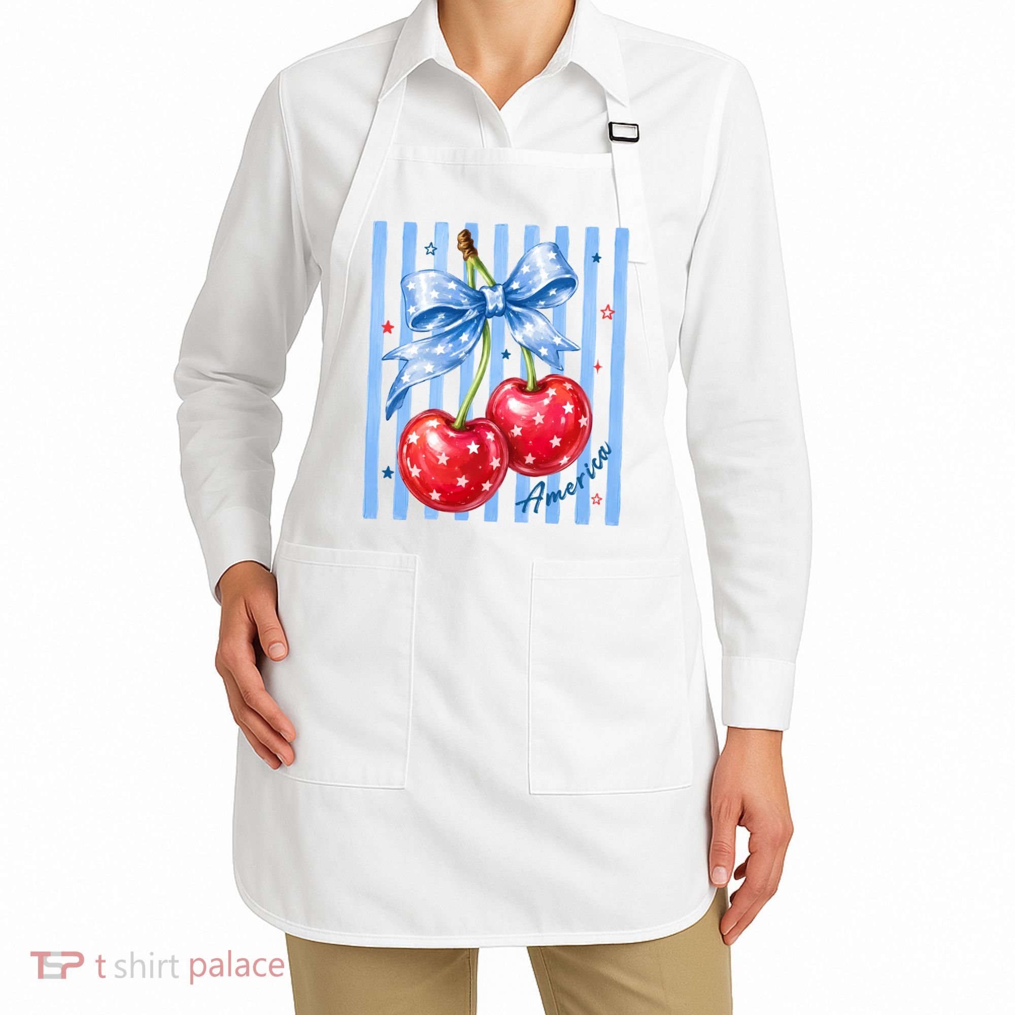 Cute Coquette Patriotic USA America Red White Blue Cherries Apron