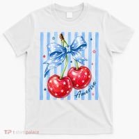 Cute Coquette Patriotic USA America Red White Blue Cherries T-Shirt thumb 0