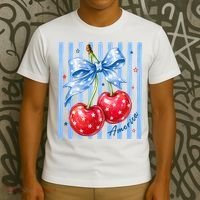 Cute Coquette Patriotic USA America Red White Blue Cherries T-Shirt thumb 3