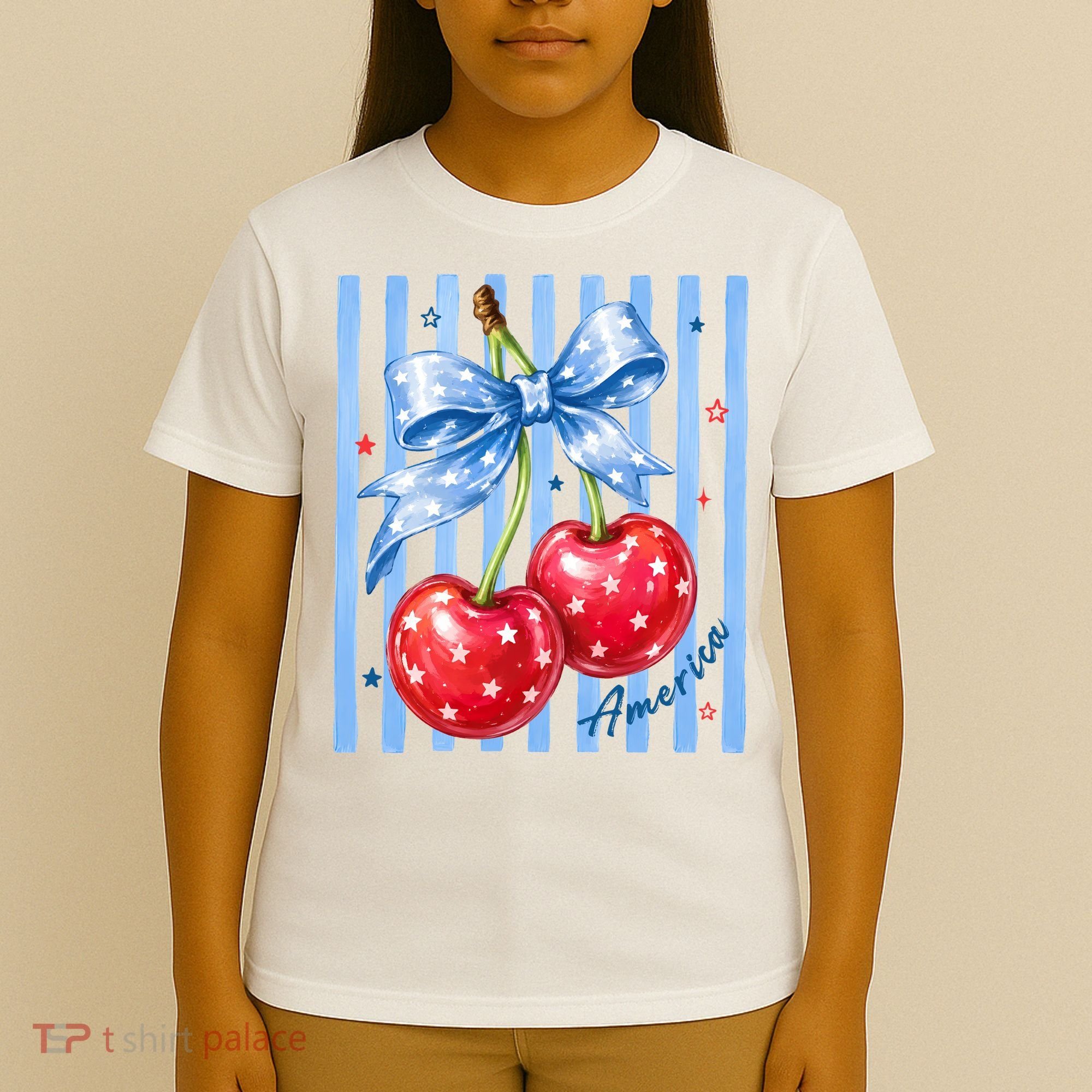 Cute Coquette Patriotic USA America Red White Blue Cherries T-Shirt