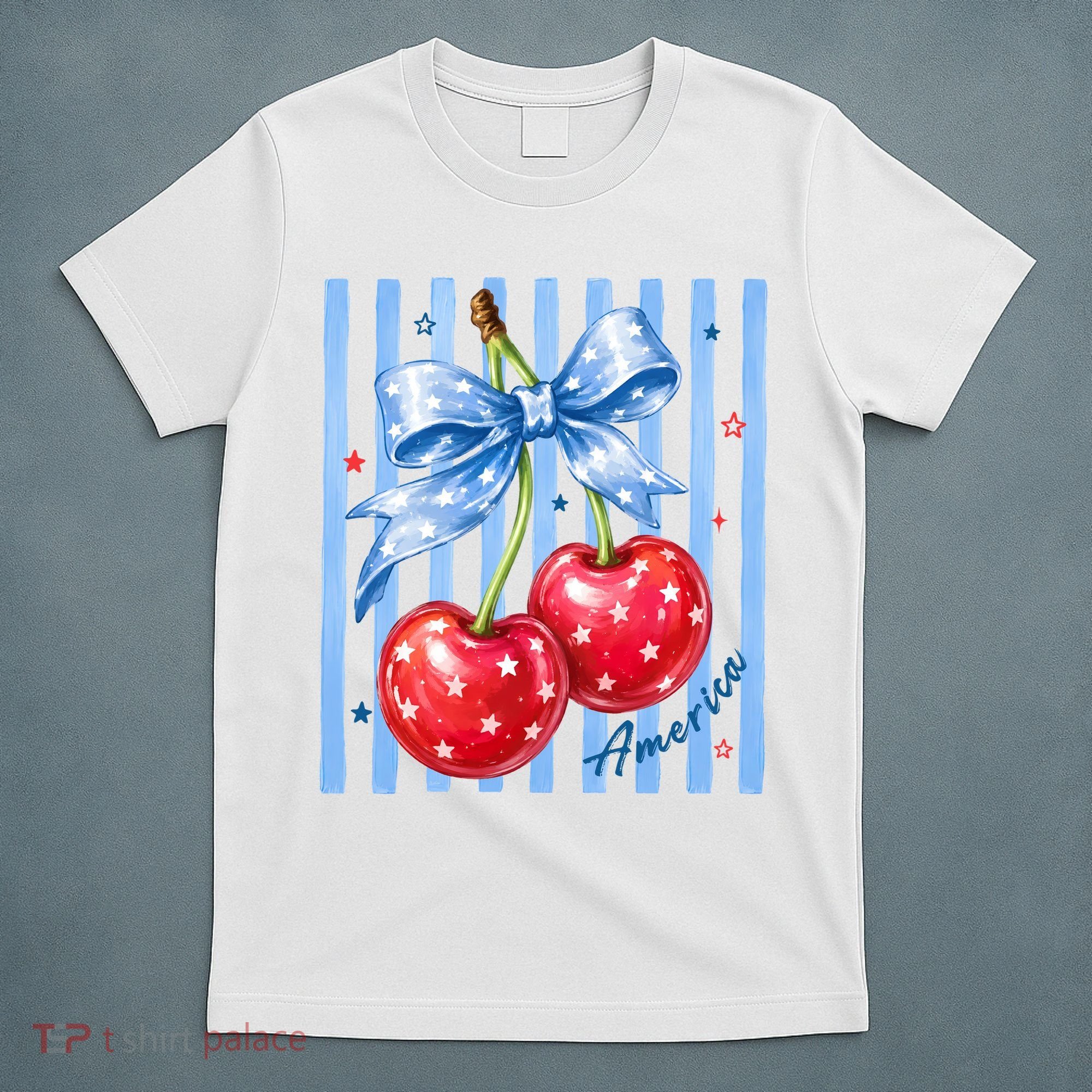 Cute Coquette Patriotic USA America Red White Blue Cherries T-Shirt