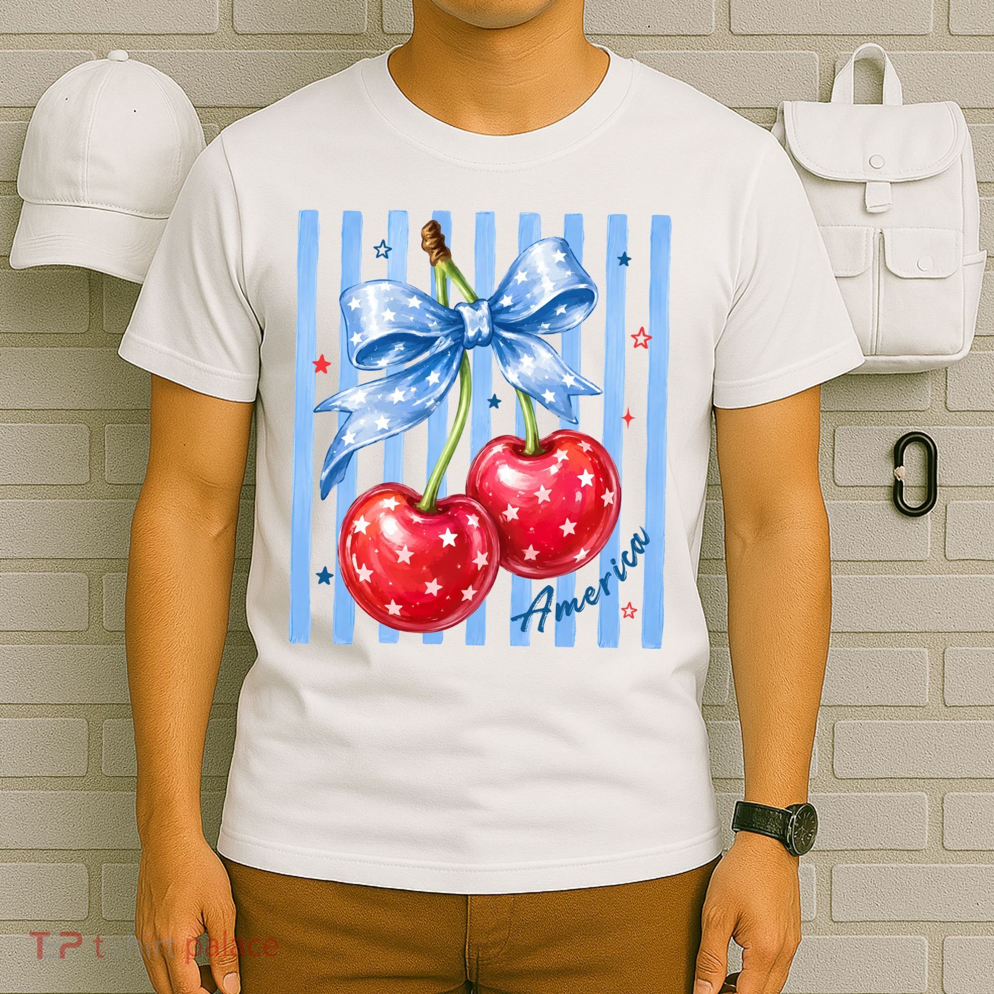 Cute Coquette Patriotic USA America Red White Blue Cherries T-Shirt