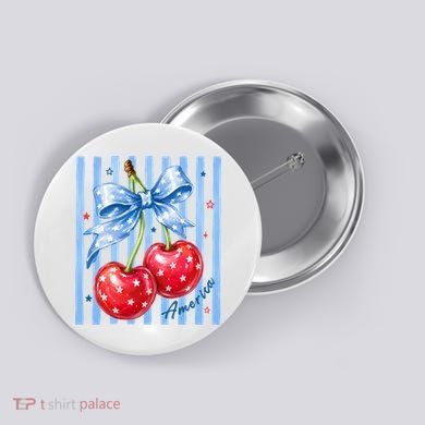 Cute Coquette Patriotic USA America Red White Blue Cherries Button