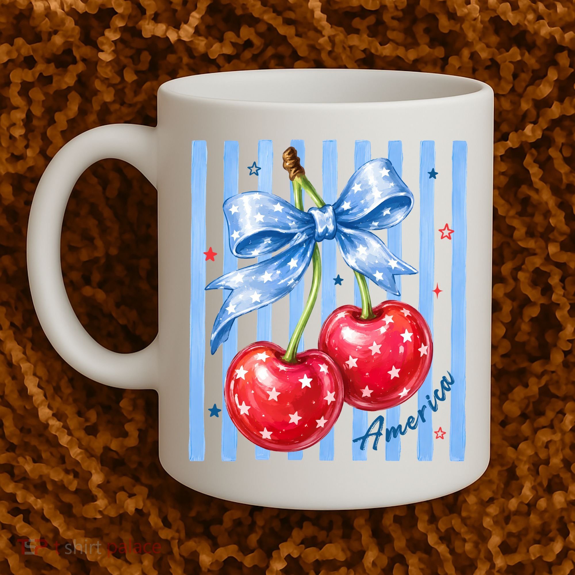 Cute Coquette Patriotic USA America Red White Blue Cherries Coffee Mug