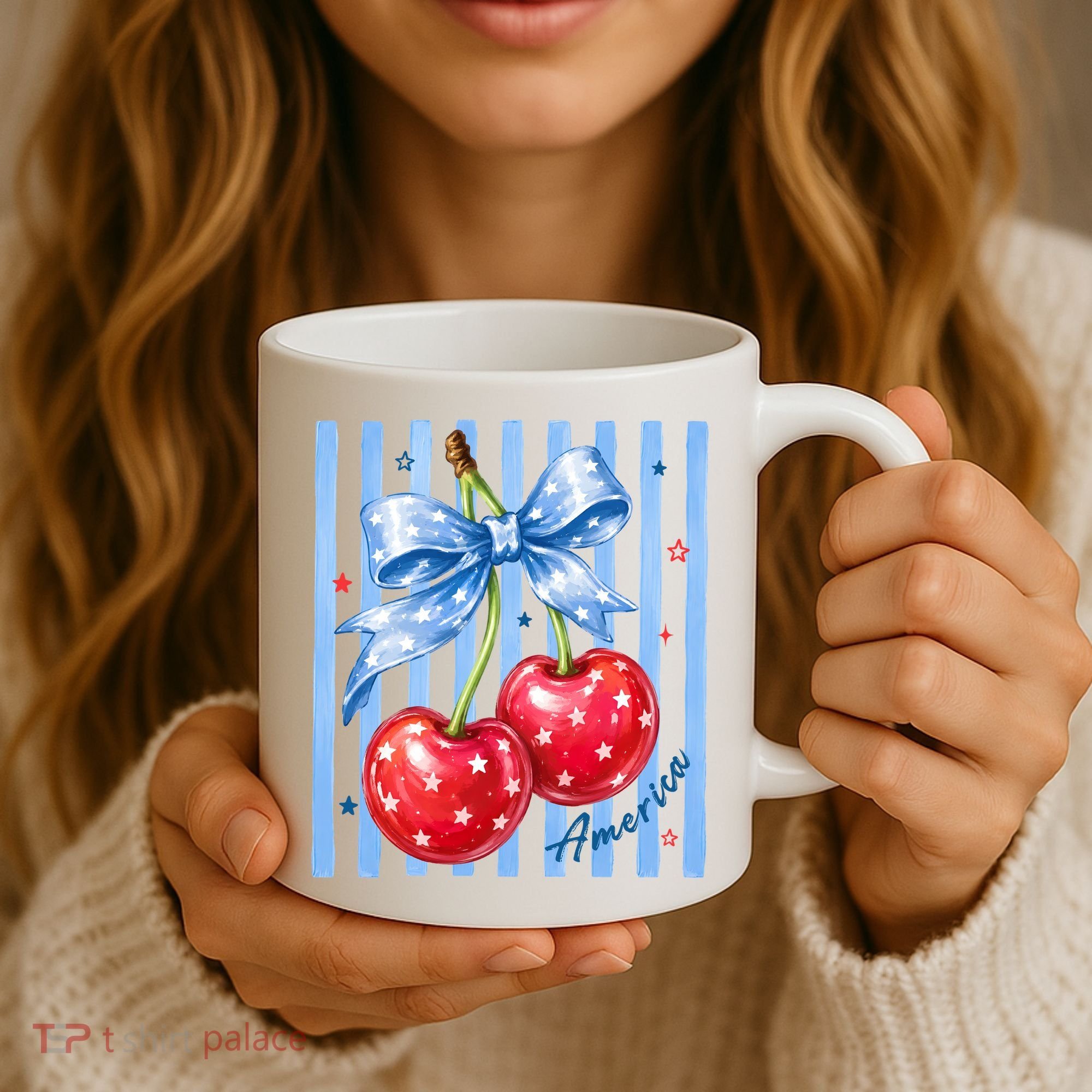 Cute Coquette Patriotic USA America Red White Blue Cherries Coffee Mug