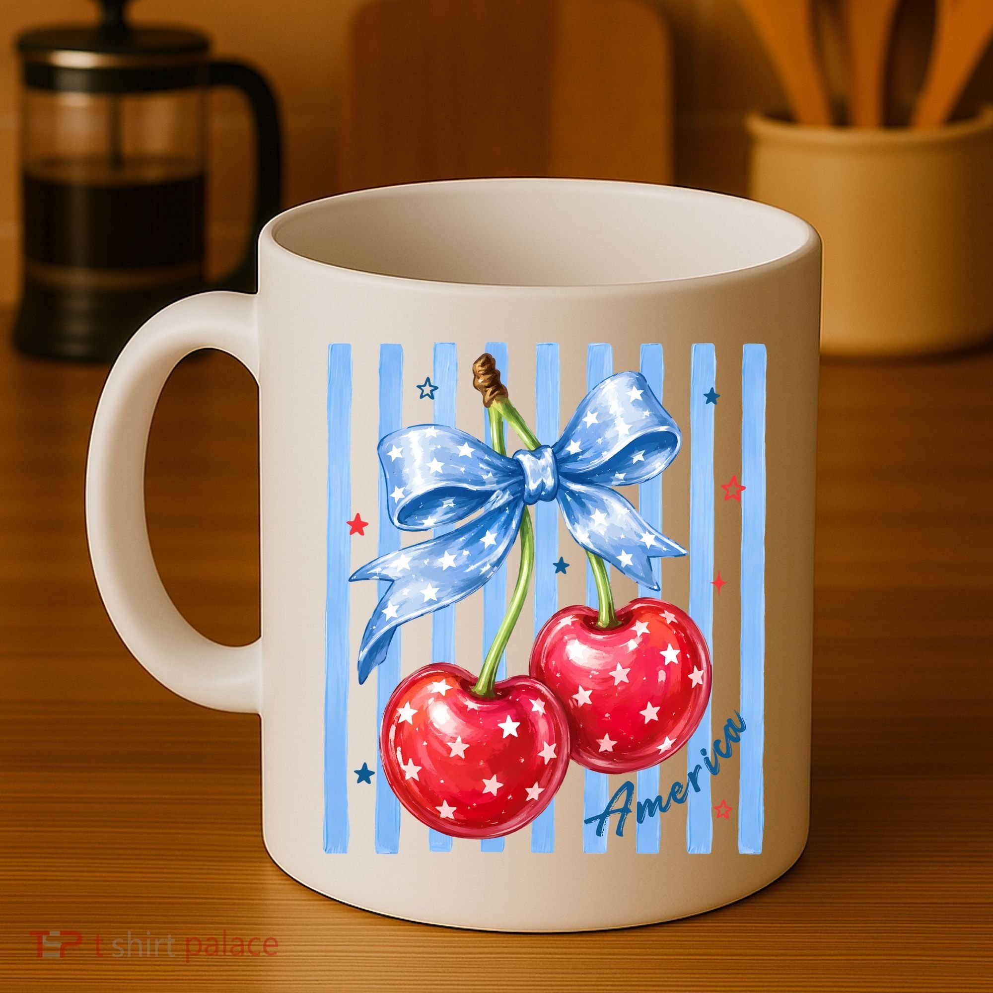 Cute Coquette Patriotic USA America Red White Blue Cherries Coffee Mug
