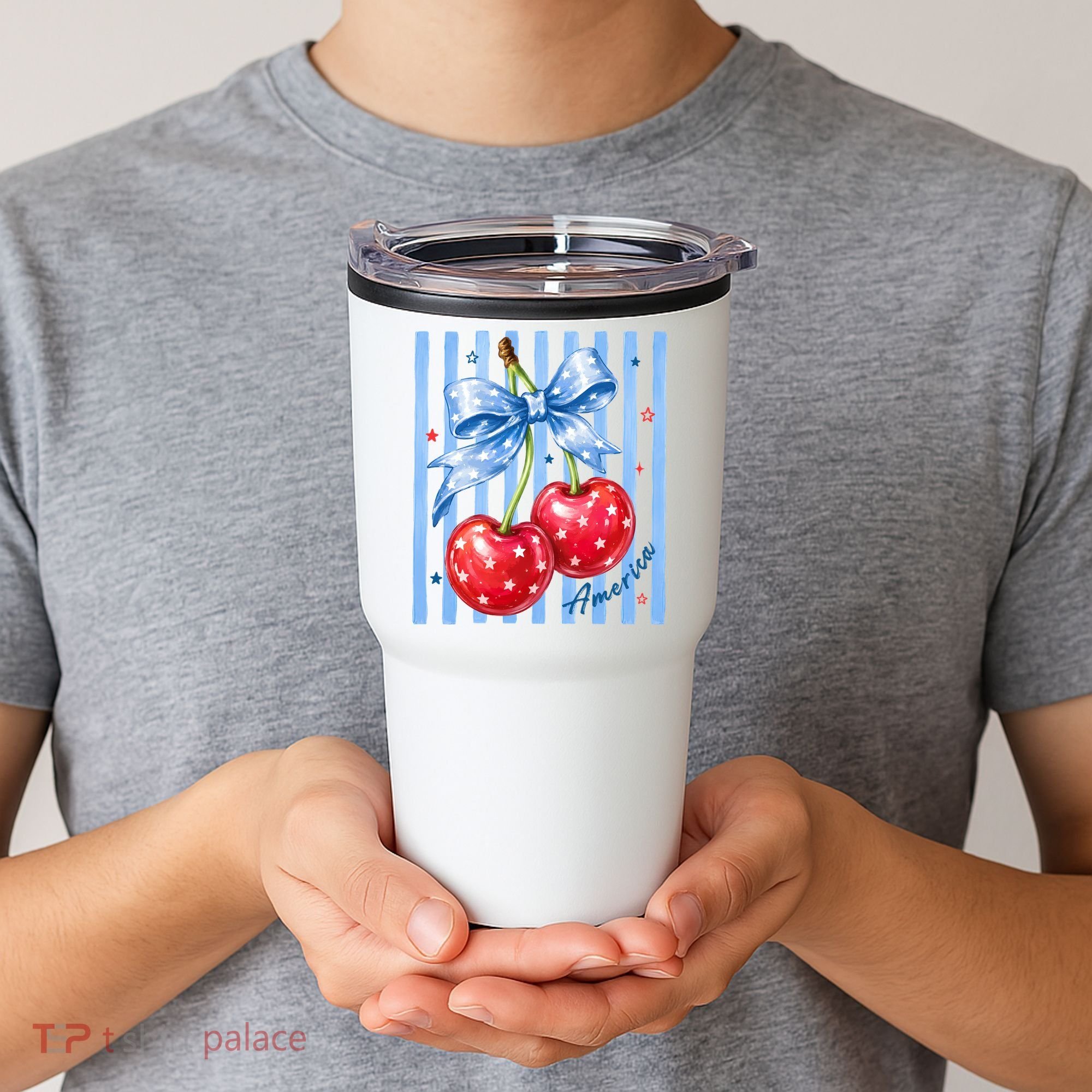 Cute Coquette Patriotic USA America Red White Blue Cherries Tumbler