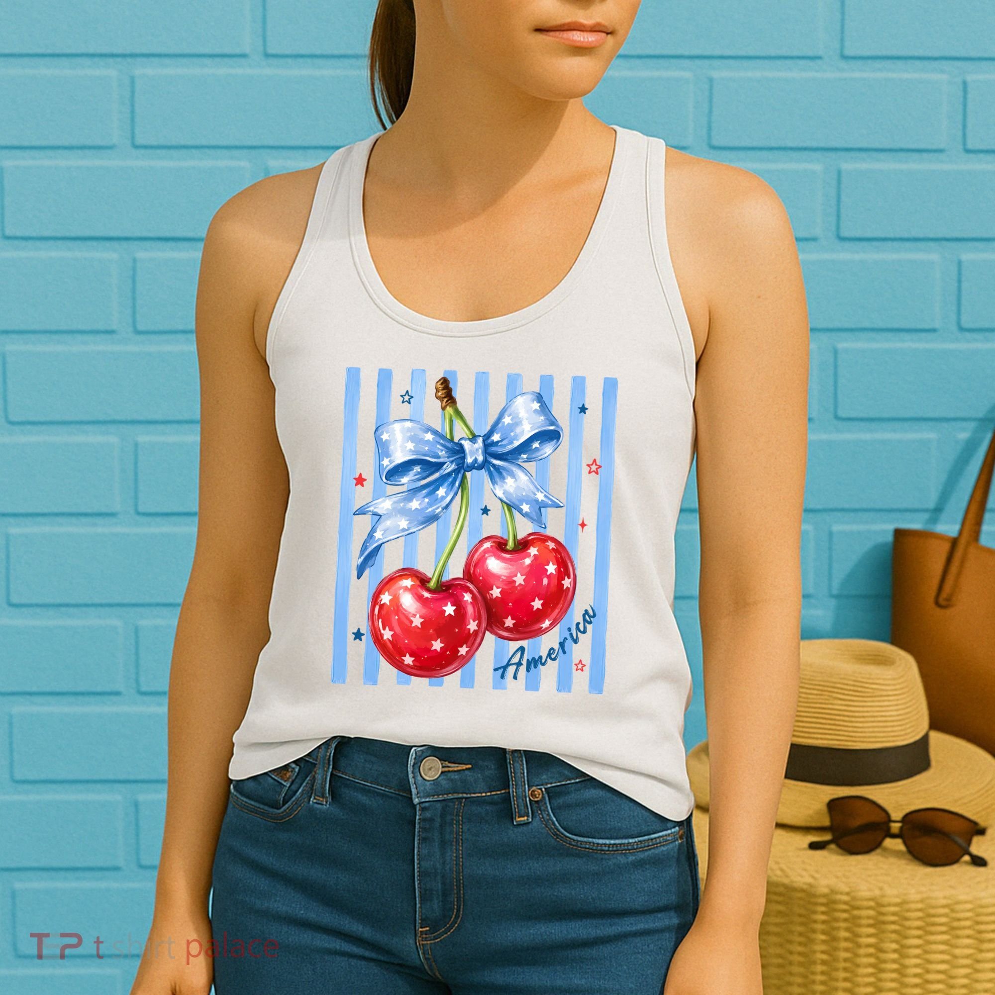 Cute Coquette Patriotic USA America Red White Blue Cherries Women's Tank Top