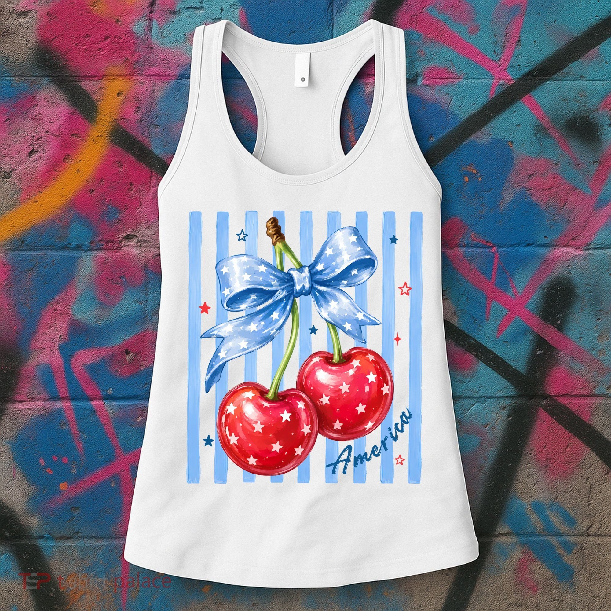 Cute Coquette Patriotic USA America Red White Blue Cherries Women's Tank Top