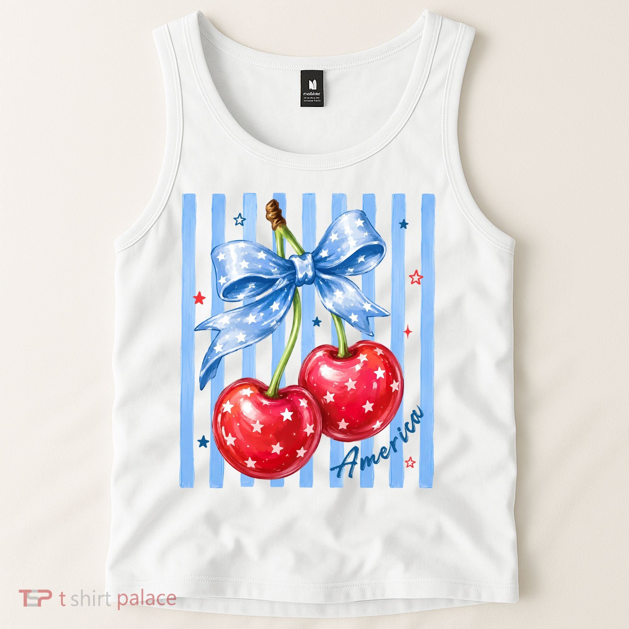Cute Coquette Patriotic USA America Red White Blue Cherries Tank Top
