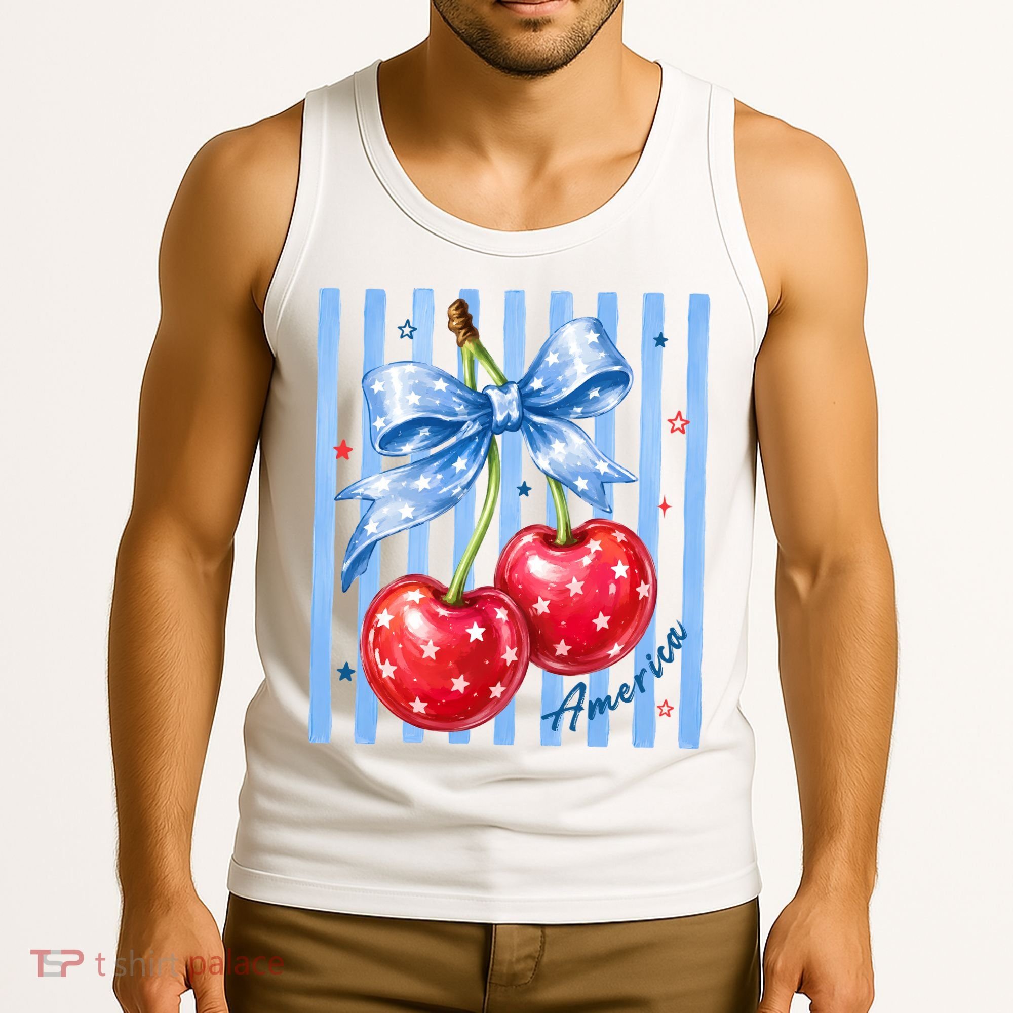 Cute Coquette Patriotic USA America Red White Blue Cherries Tank Top
