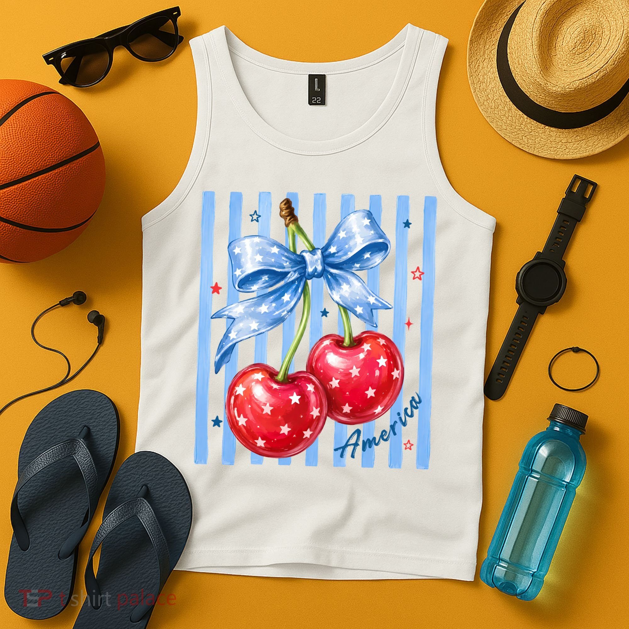 Cute Coquette Patriotic USA America Red White Blue Cherries Tank Top