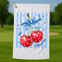 Cute Coquette Patriotic USA America Red White Blue Cherries Golf Towel thumb 1