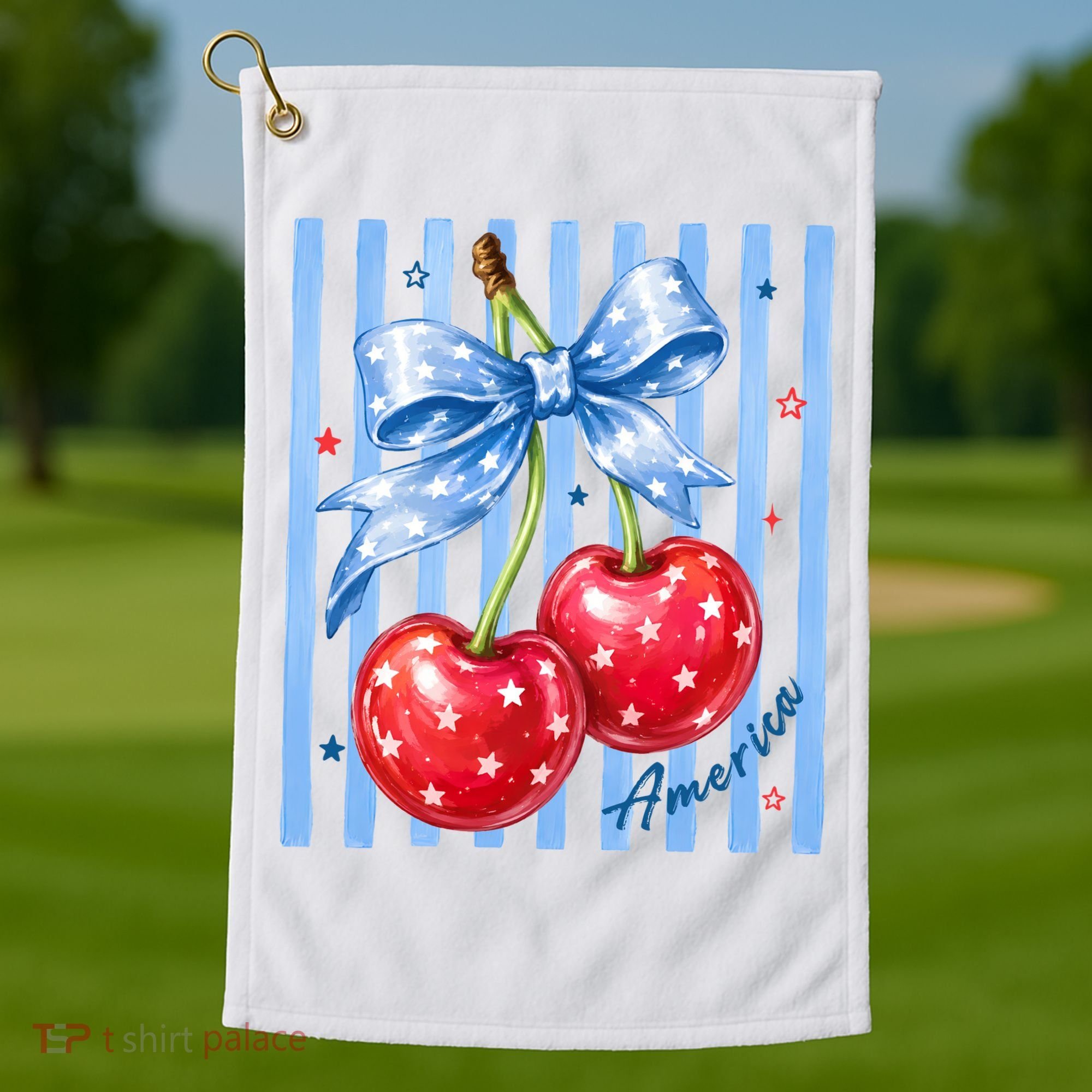 Cute Coquette Patriotic USA America Red White Blue Cherries Golf Towel