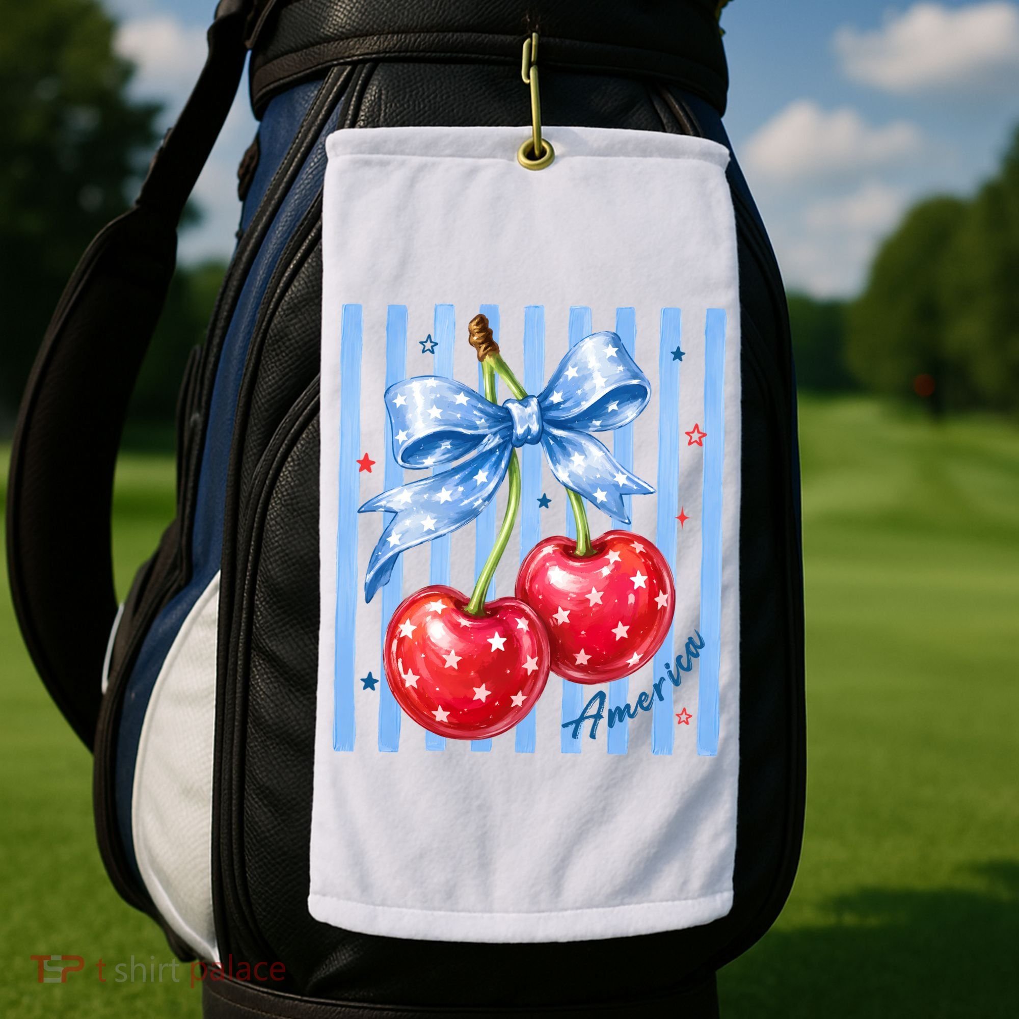 Cute Coquette Patriotic USA America Red White Blue Cherries Golf Towel