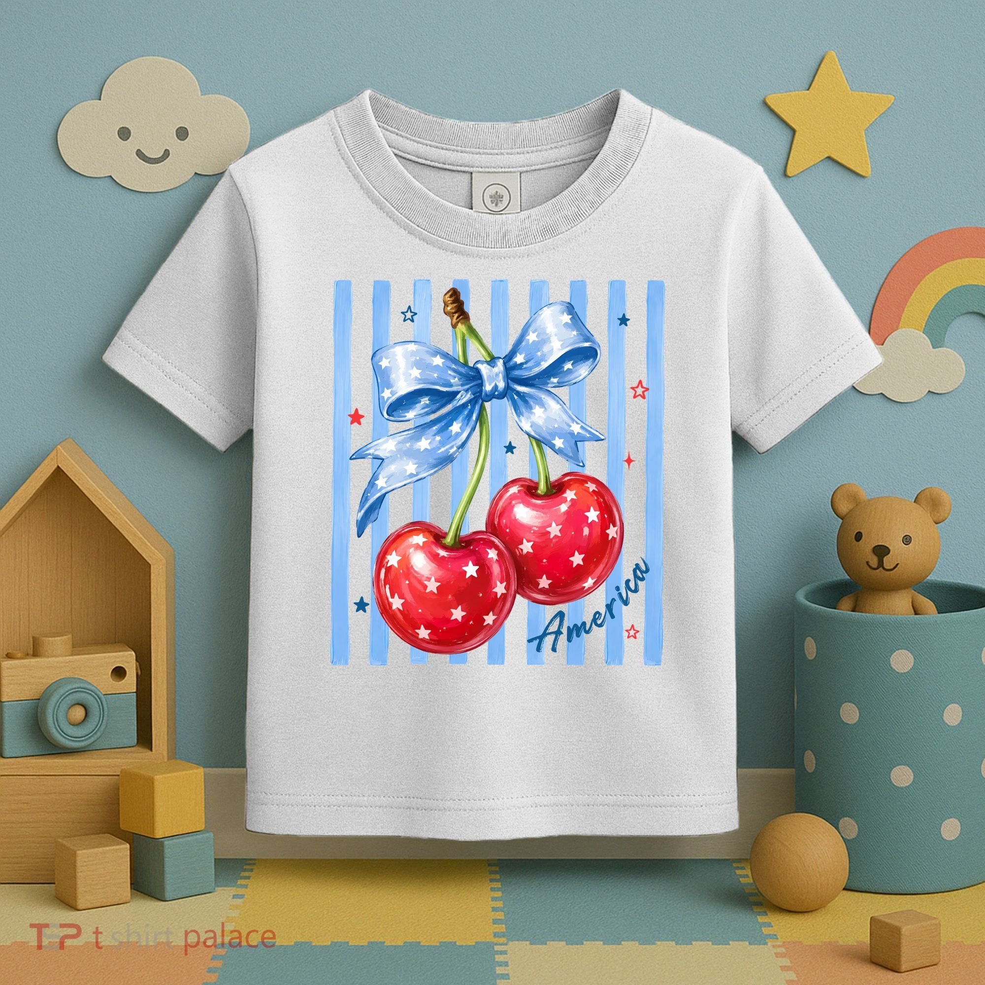 Cute Coquette Patriotic USA America Red White Blue Cherries Toddler T-Shirt