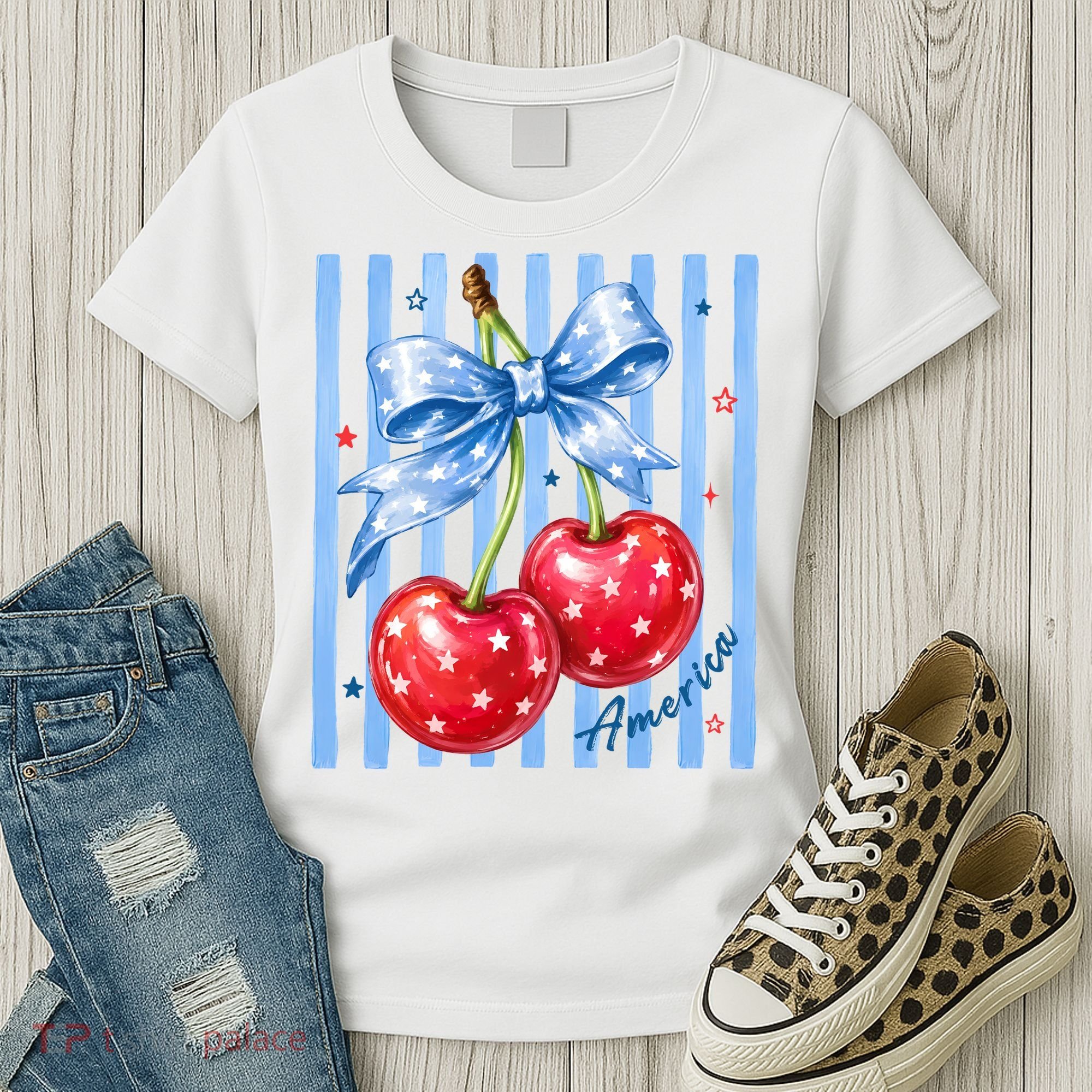 Cute Coquette Patriotic USA America Red White Blue Cherries Women's T-Shirt