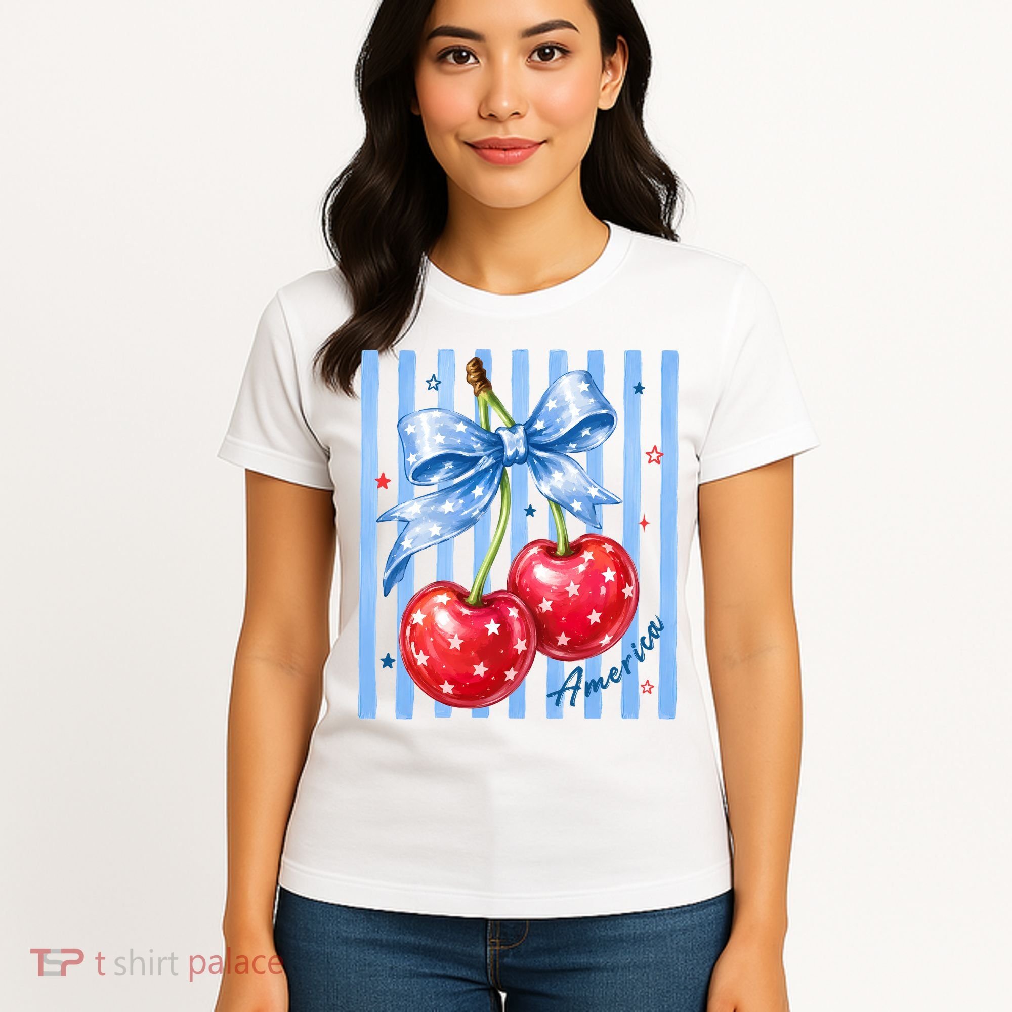 Cute Coquette Patriotic USA America Red White Blue Cherries Women's T-Shirt