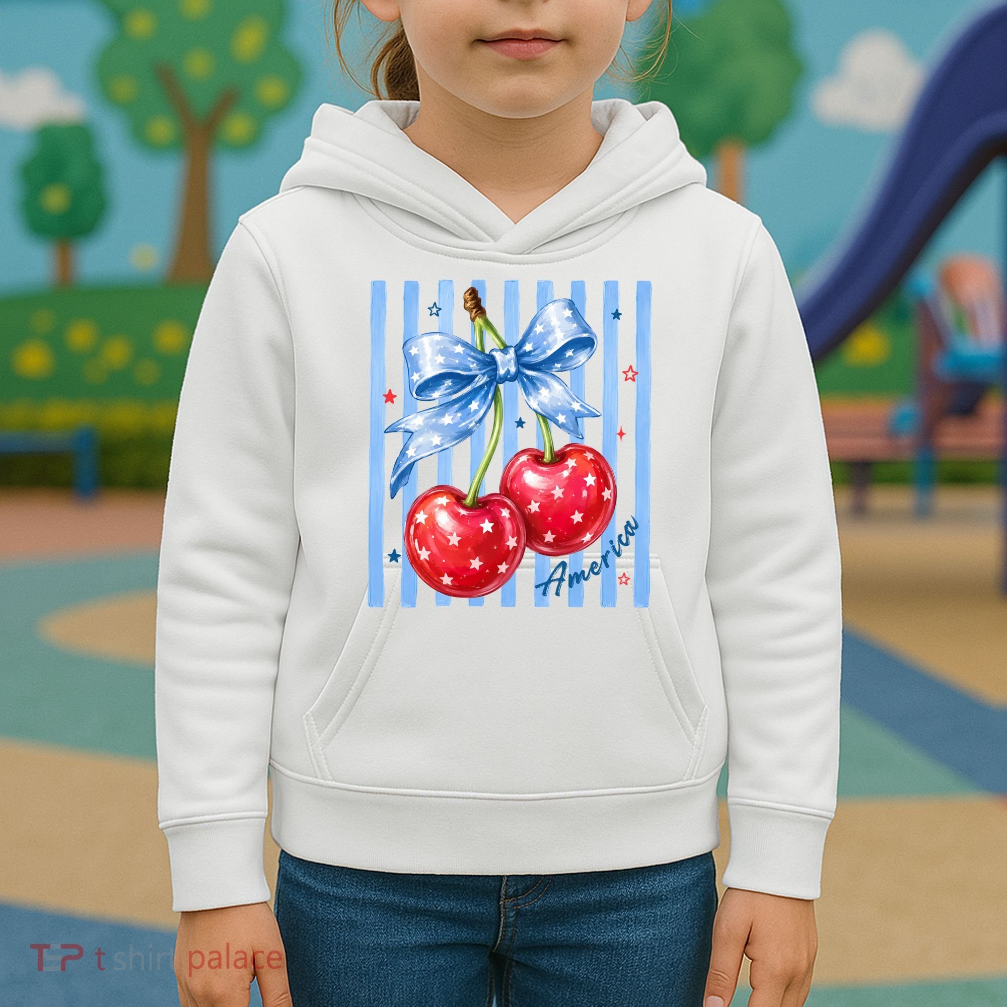 Cute Coquette Patriotic USA America Red White Blue Cherries Kids Hoodie