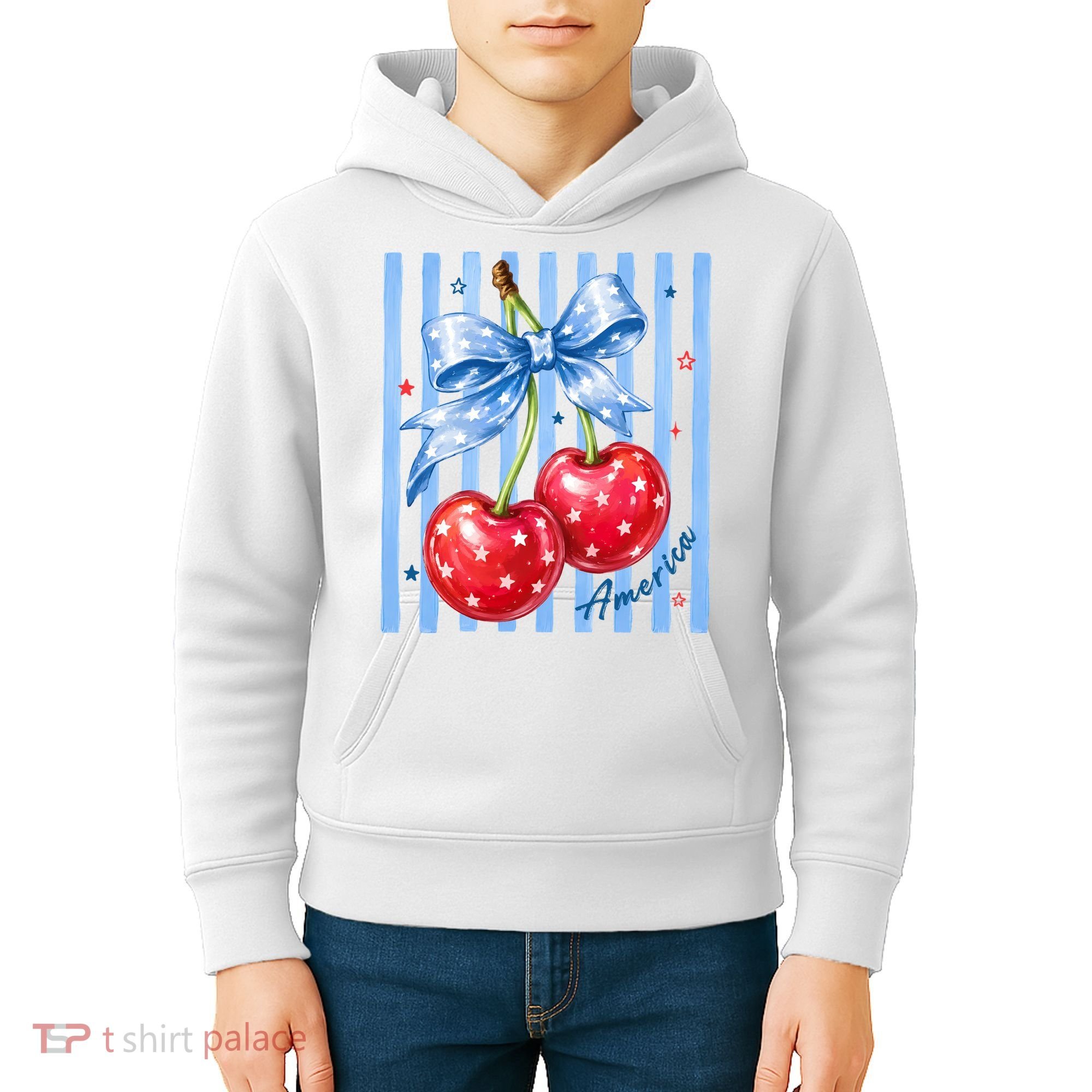 Cute Coquette Patriotic USA America Red White Blue Cherries Kids Hoodie