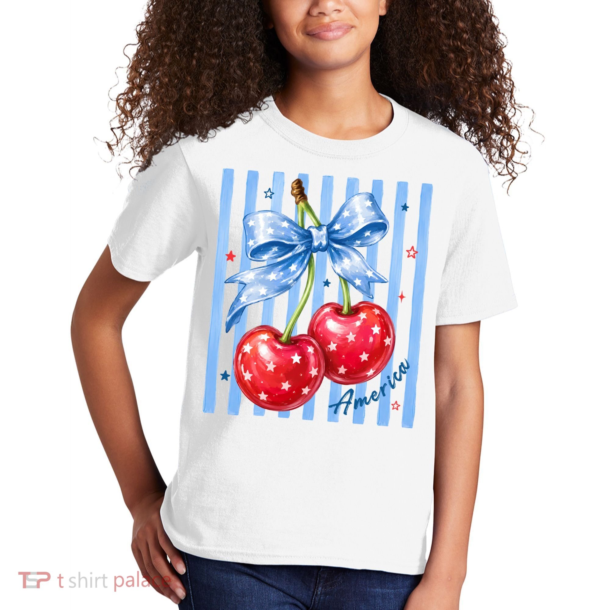 Cute Coquette Patriotic USA America Red White Blue Cherries Kids T-Shirt
