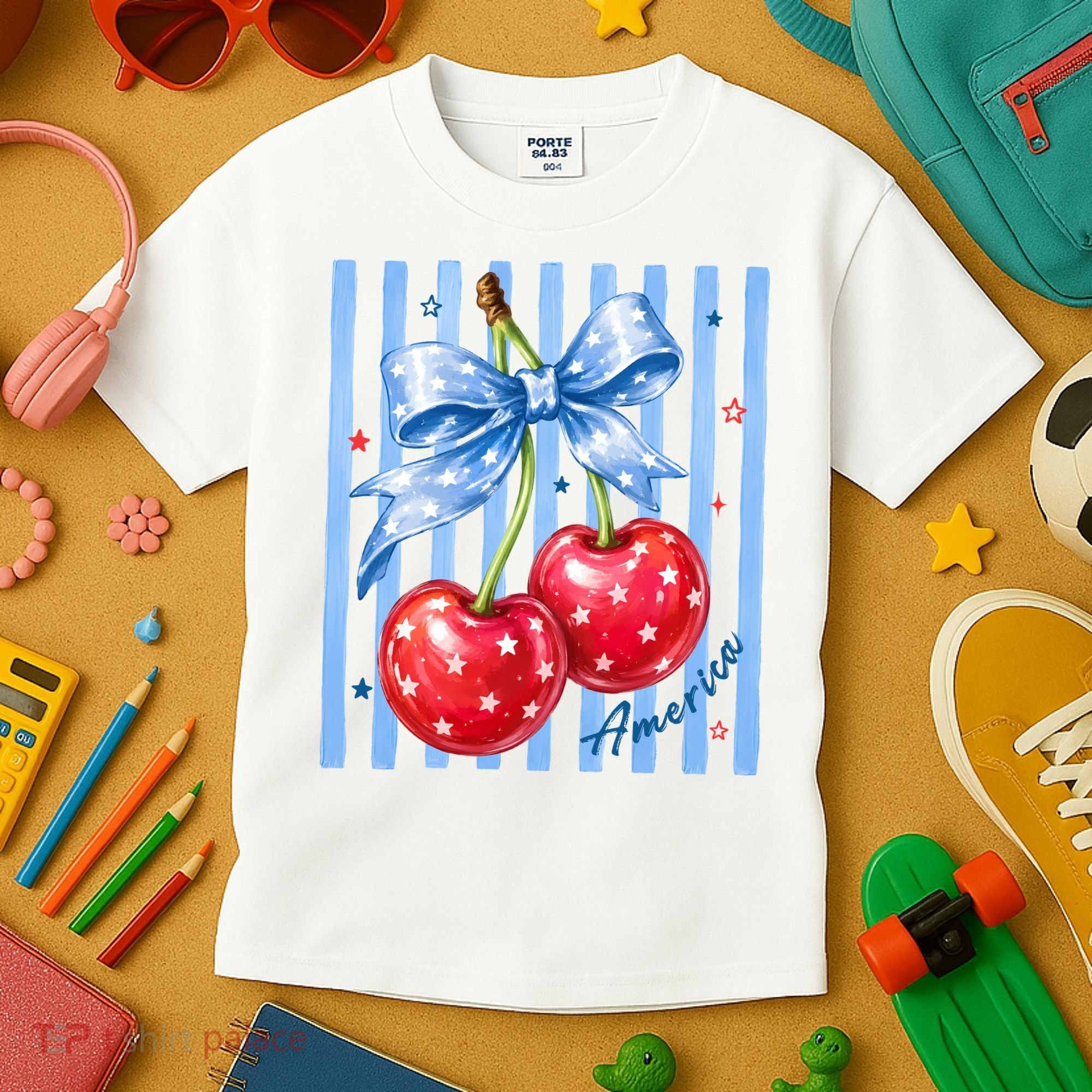 Cute Coquette Patriotic USA America Red White Blue Cherries Kids T-Shirt