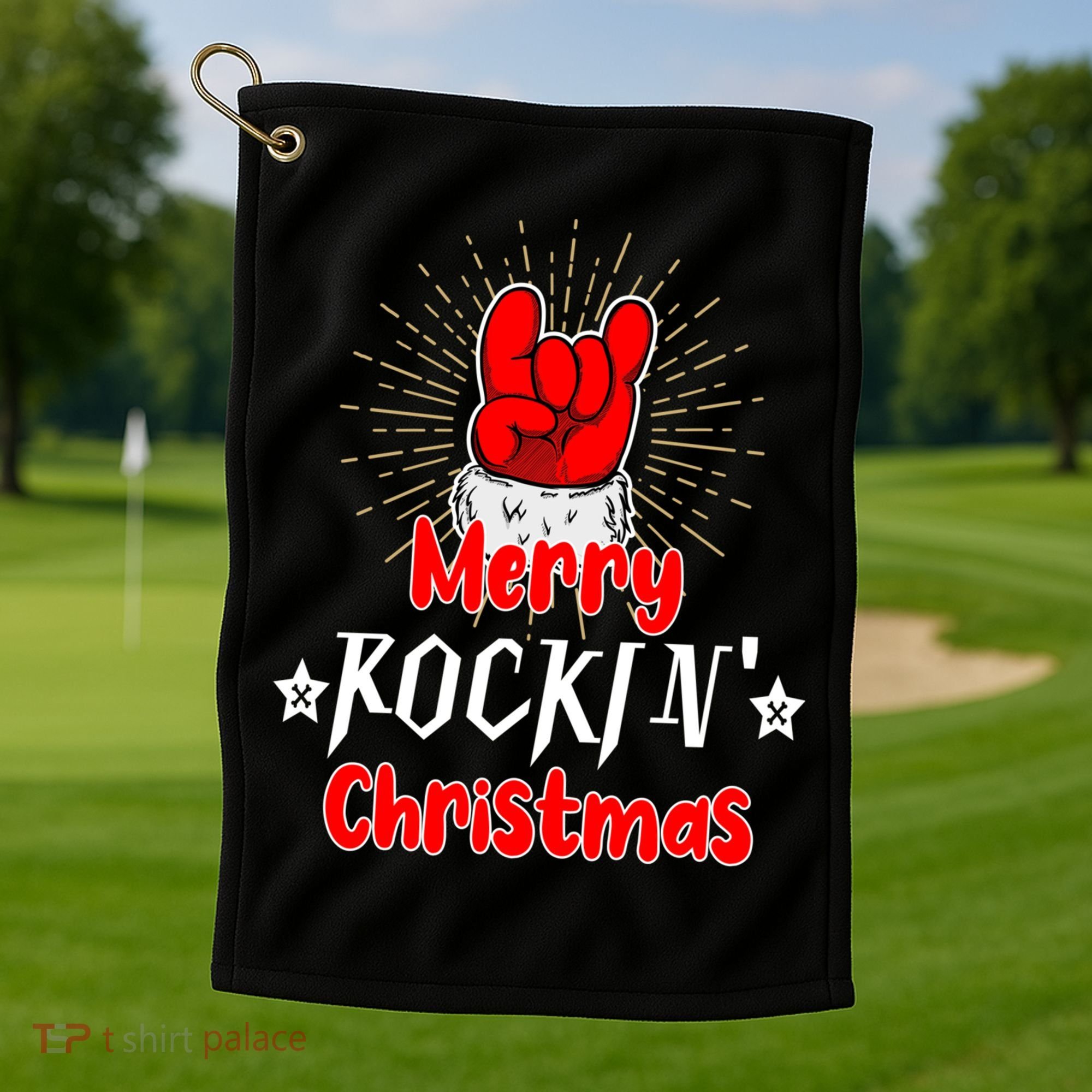 Christmas Cool Rock And Roll Santa Hand Merry Rockin Xmas Funny Gift Golf Towel