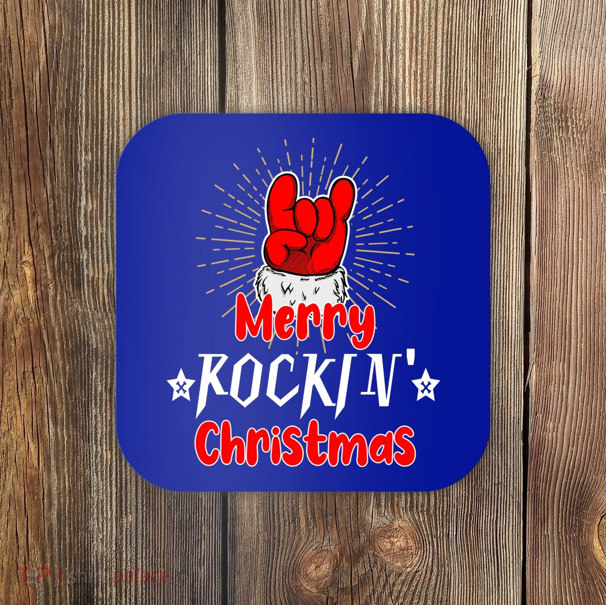 Christmas Cool Rock And Roll Santa Hand Merry Rockin Xmas Funny Gift Coaster