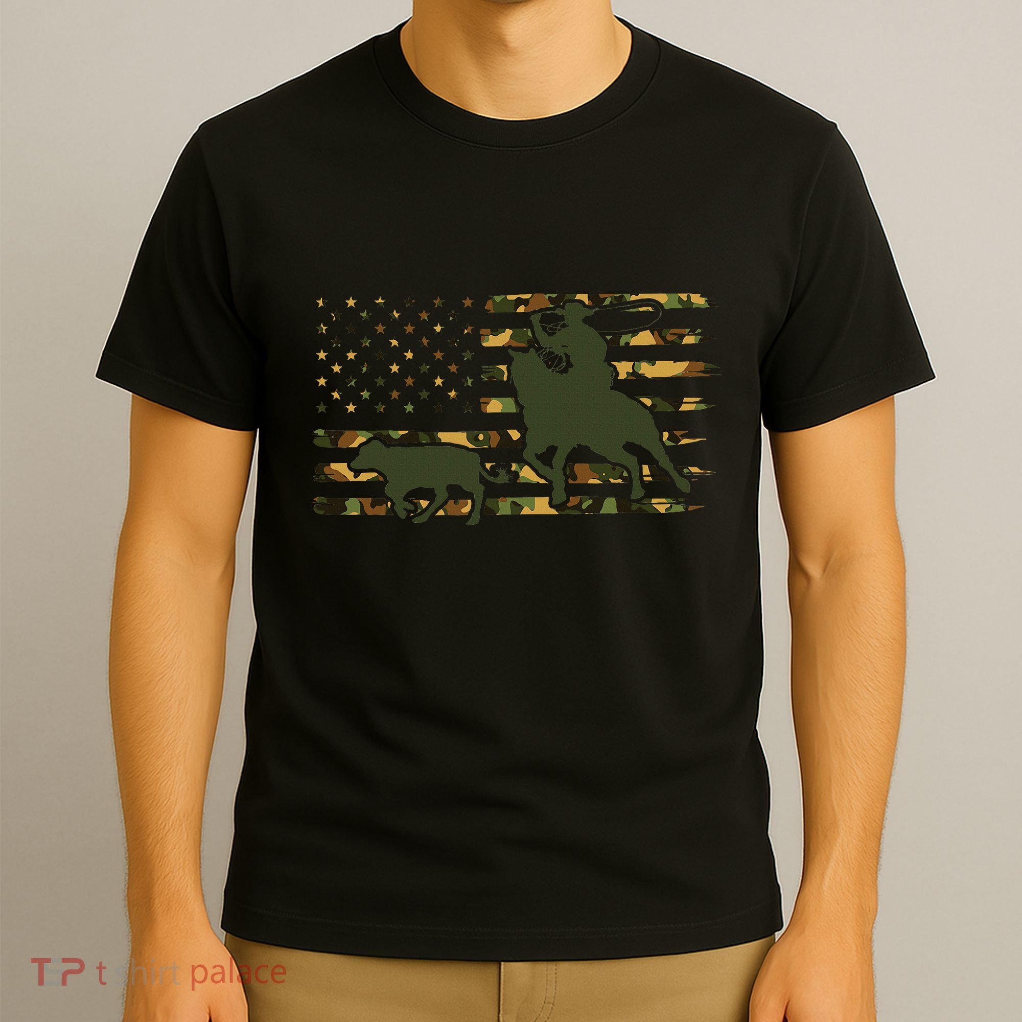 Camo Cowboy Roping Cowboy American Flag Roping T-Shirt