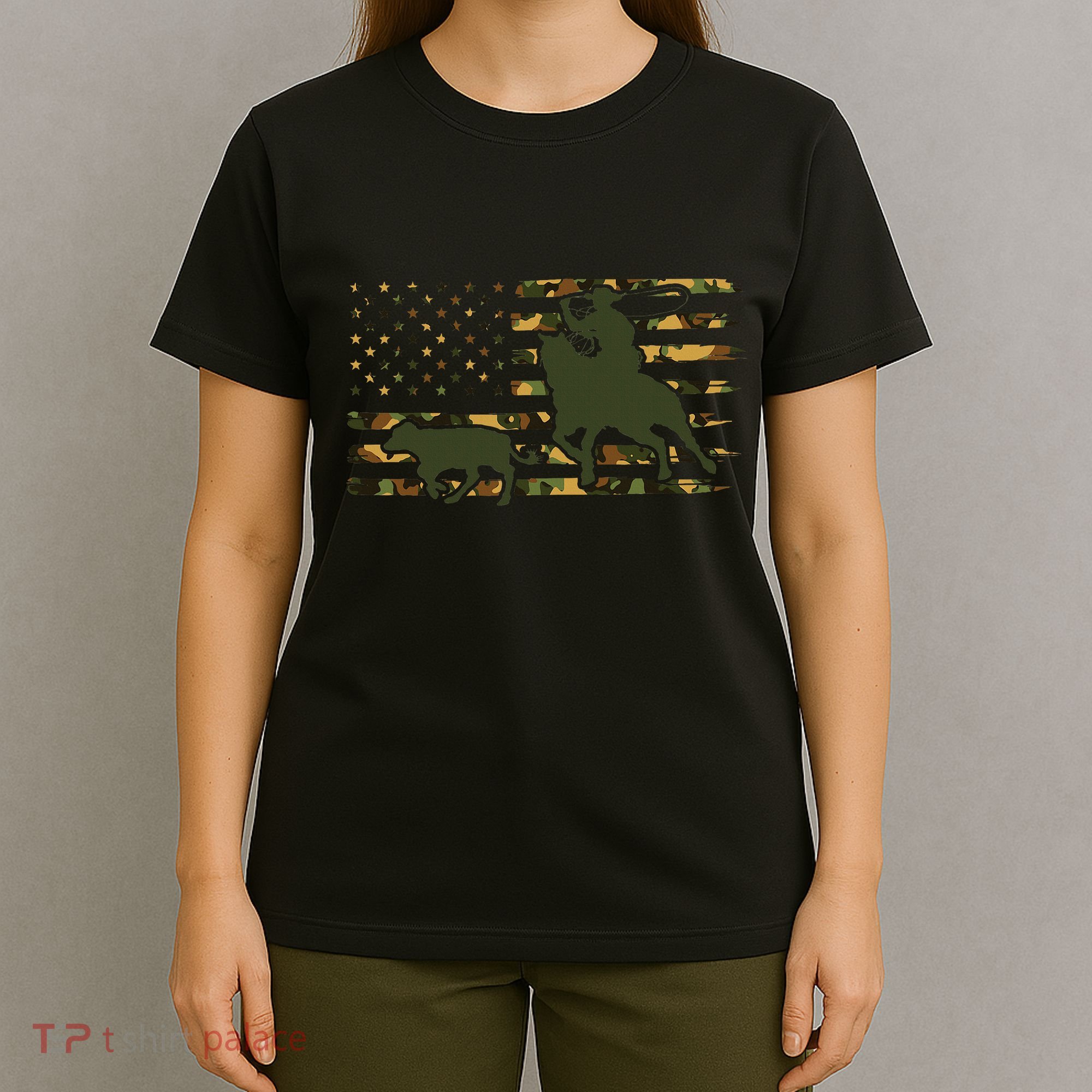 Camo Cowboy Roping Cowboy American Flag Roping T-Shirt