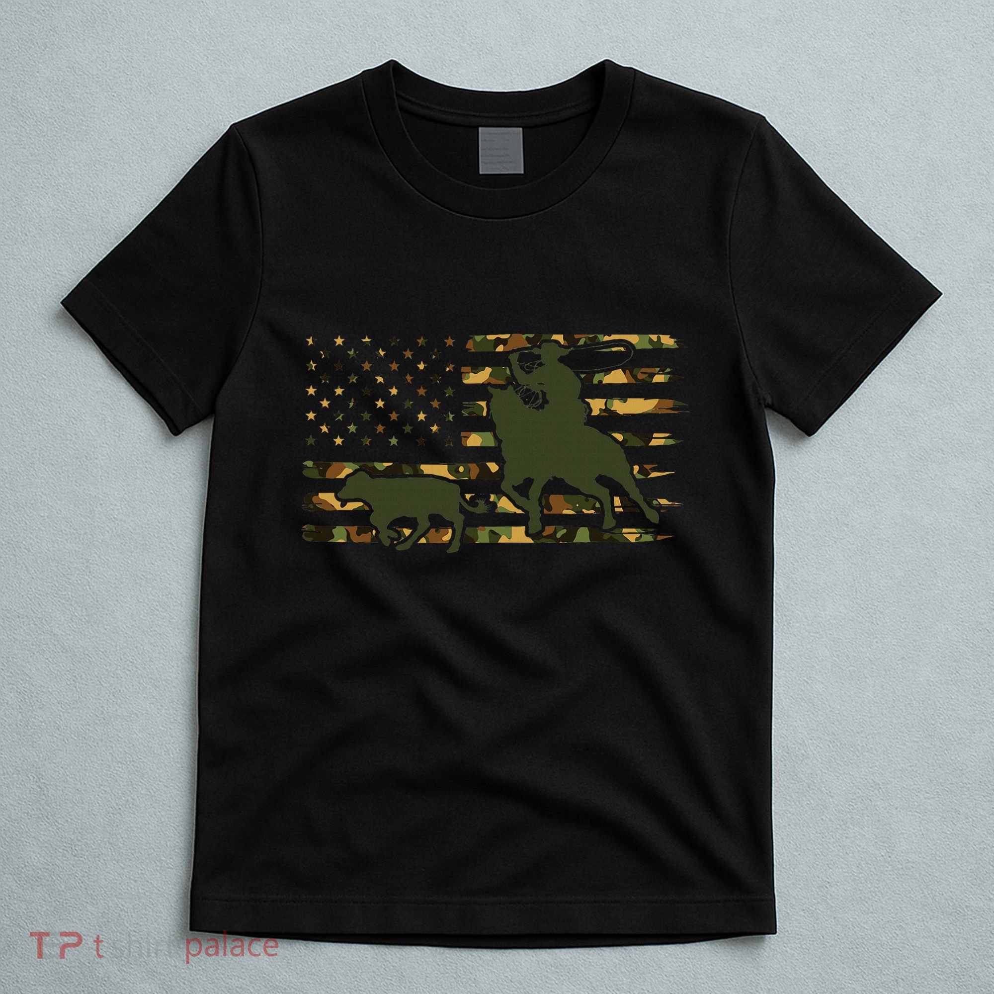 Camo Cowboy Roping Cowboy American Flag Roping T-Shirt