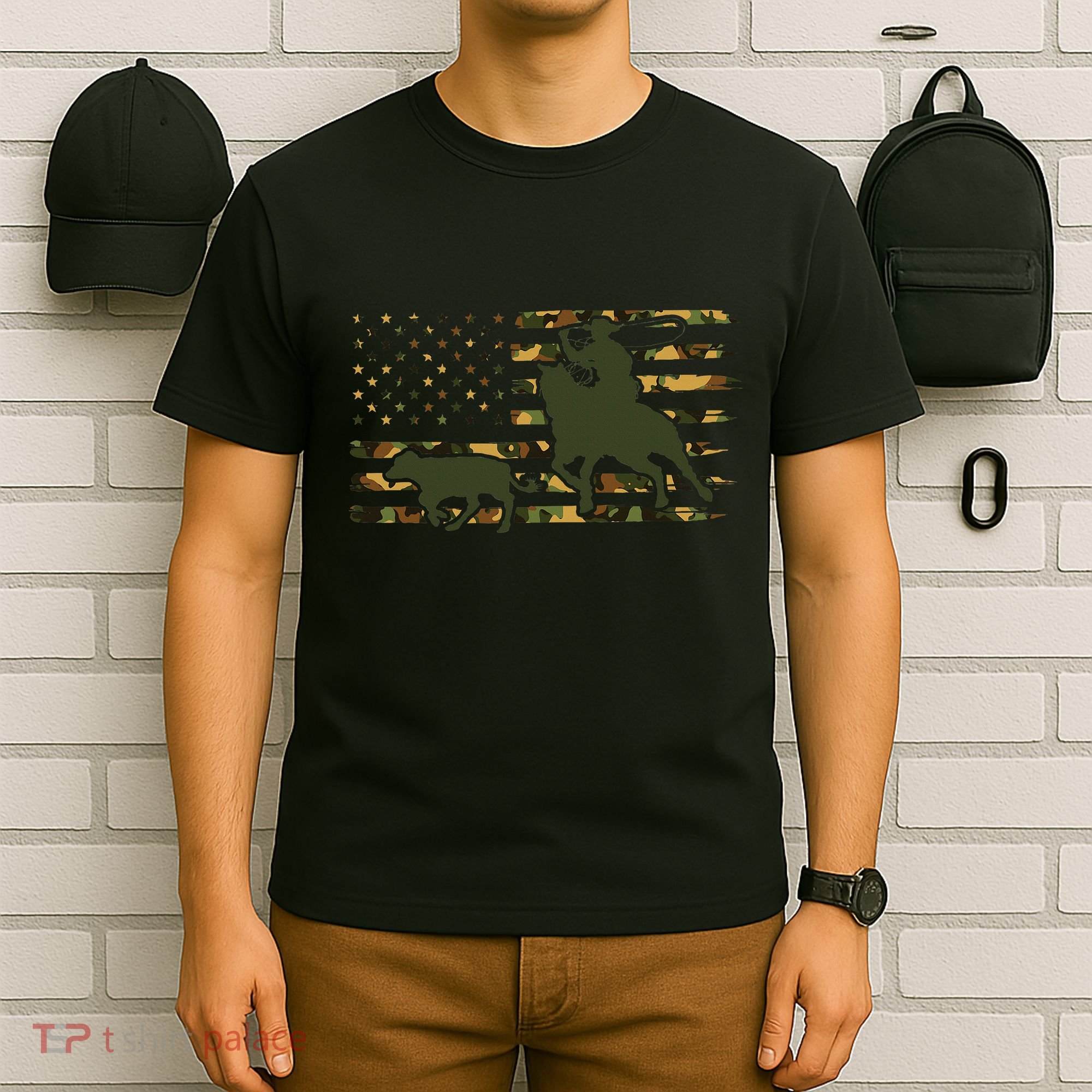 Camo Cowboy Roping Cowboy American Flag Roping T-Shirt