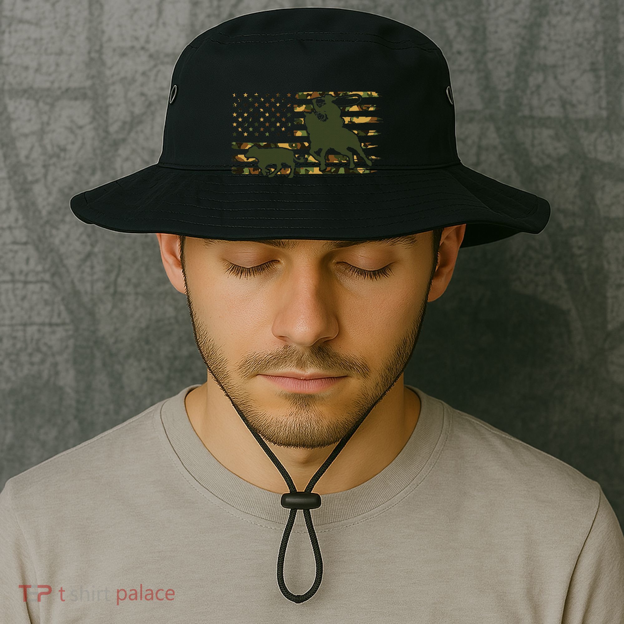 Camo Cowboy Roping Cowboy American Flag Roping Bucket Hat