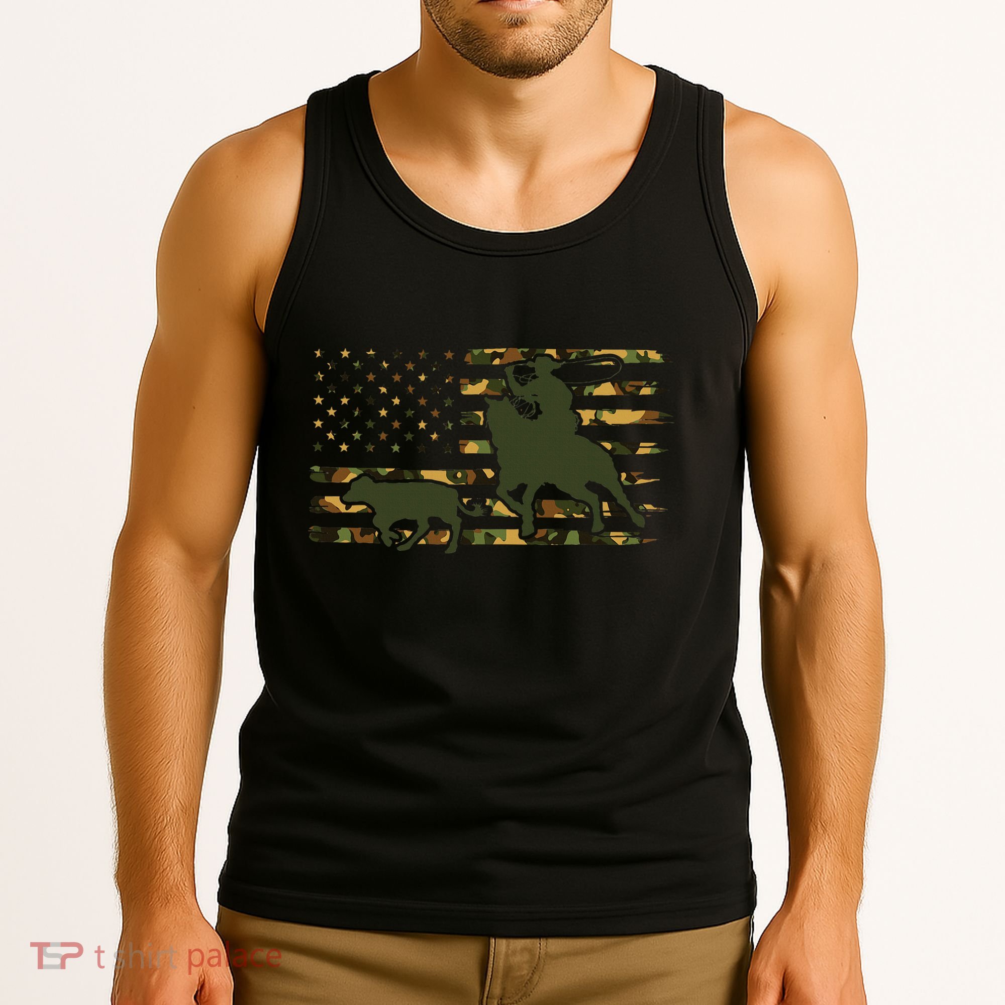 Camo Cowboy Roping Cowboy American Flag Roping Tank Top