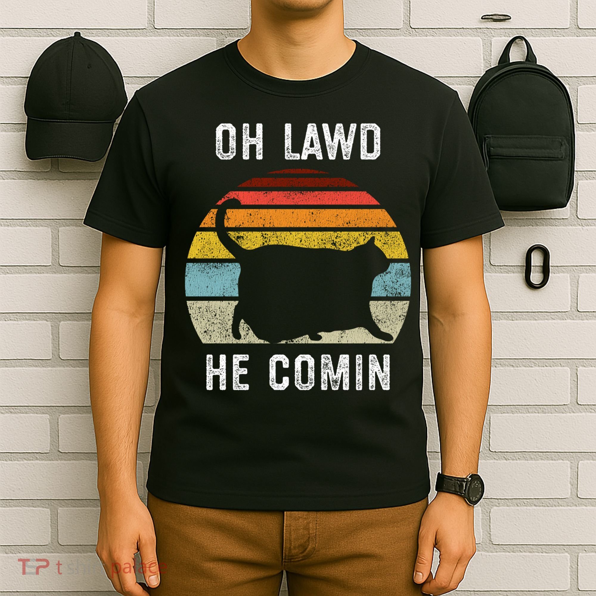 Chonk Cat Retro Style Vintage Meme Oh Lawd He Comin T-Shirt