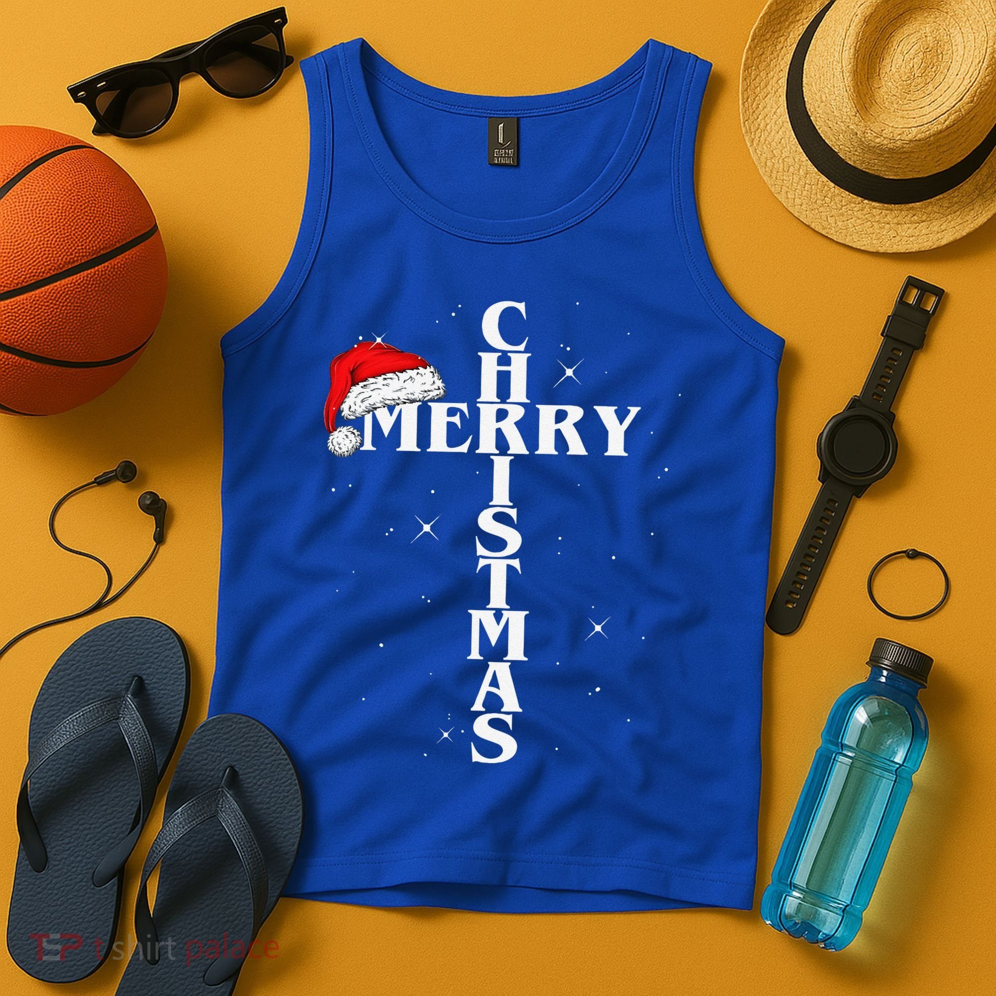 Christian Christmas Santa Hat Jesus Cross And Snow Tank Top