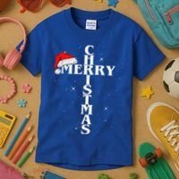 Christian Christmas Santa Hat Jesus Cross And Snow Kids T-Shirt thumb 3