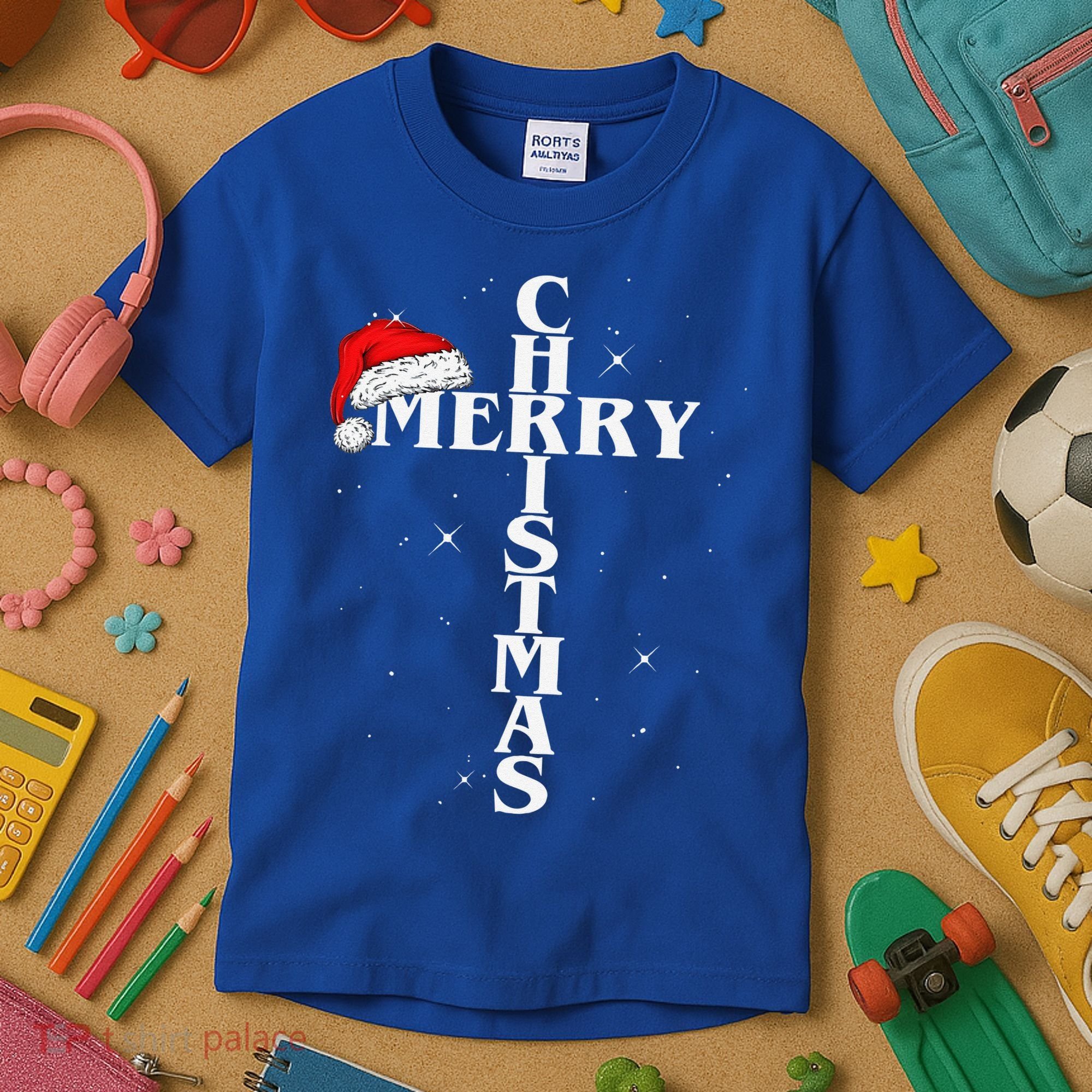 Christian Christmas Santa Hat Jesus Cross And Snow Kids T-Shirt