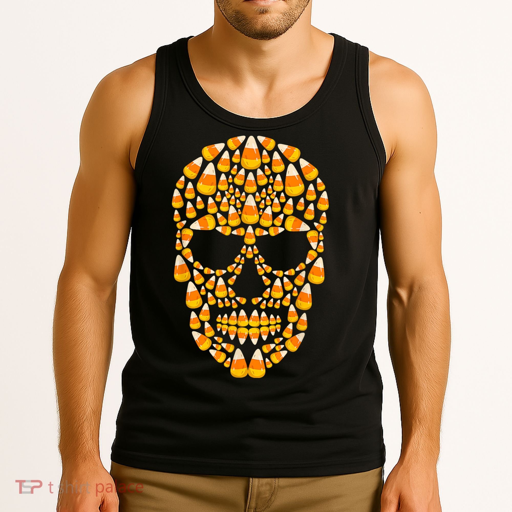 Candy Corn Skull Skeleton Halloween Funny Costume Tank Top