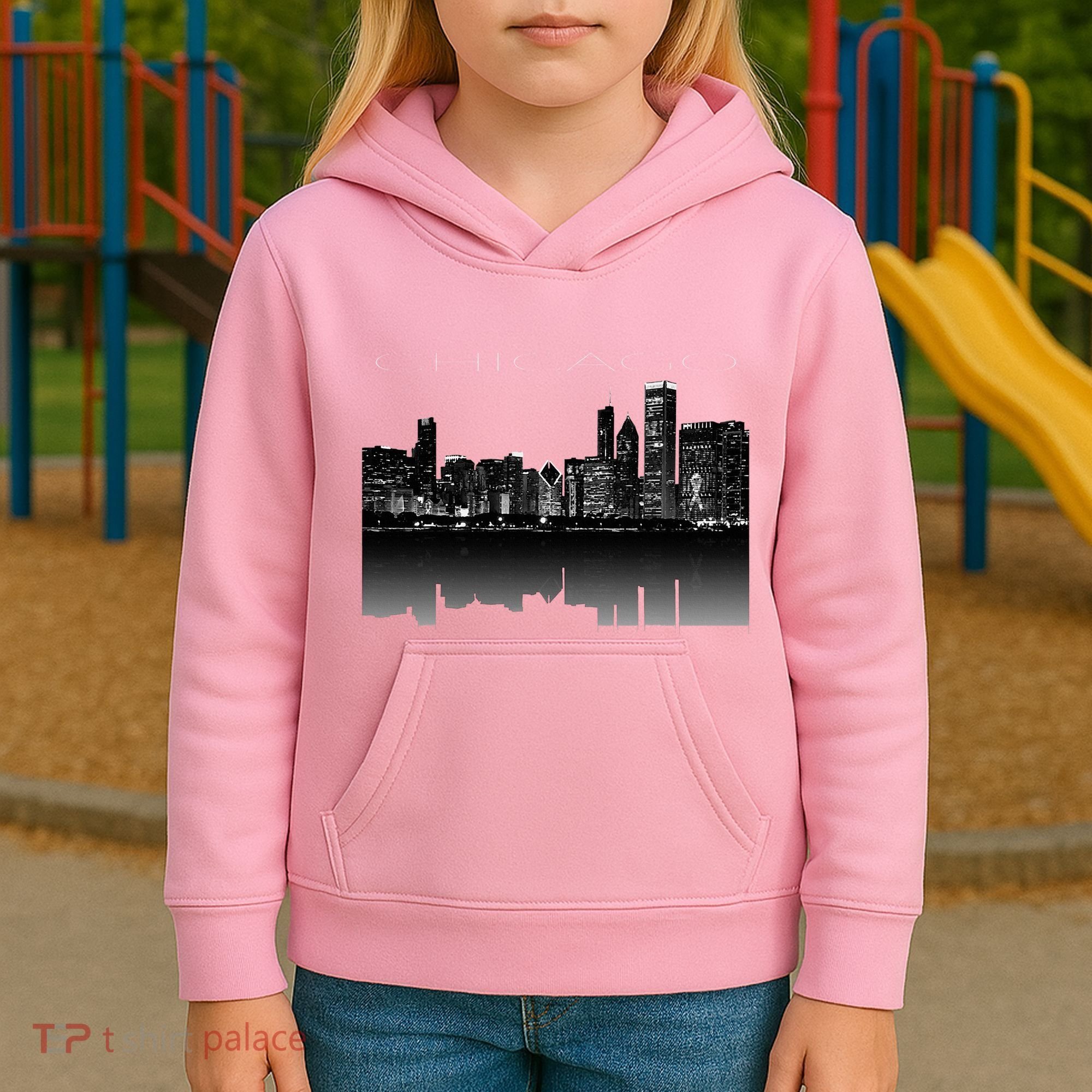 Chicago City Skyline Lights At Night Kids Hoodie