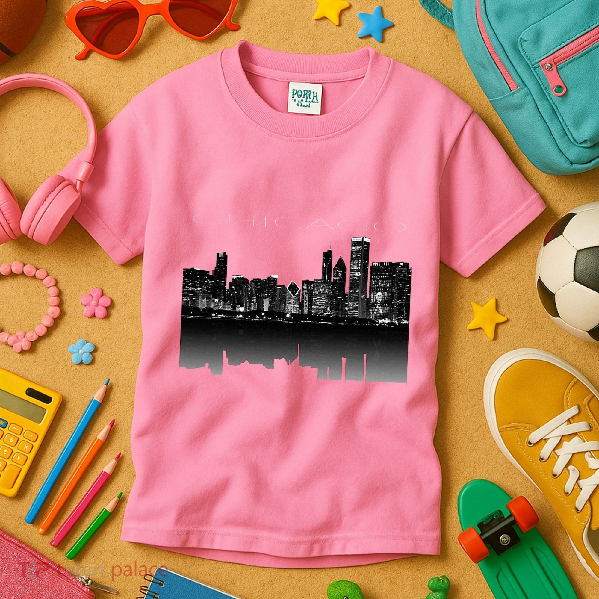 Chicago City Skyline Lights At Night Kids T-Shirt