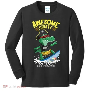 Cool Crocodile Surfing Kids Long Sleeve Shirt