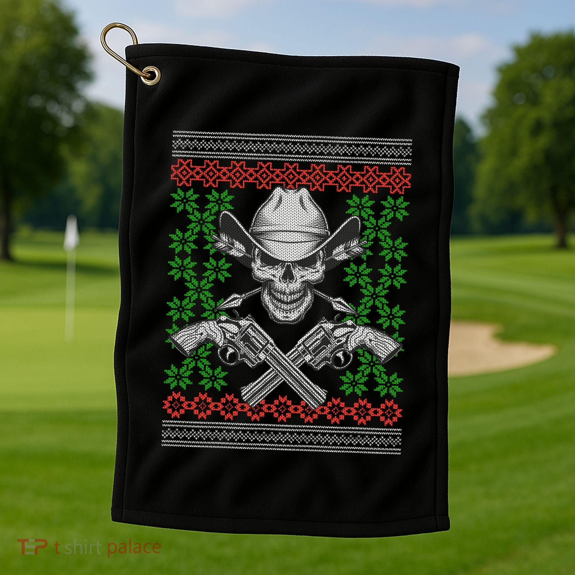 Cool Cowboy Skull Ugly Christmas Sweater Golf Towel