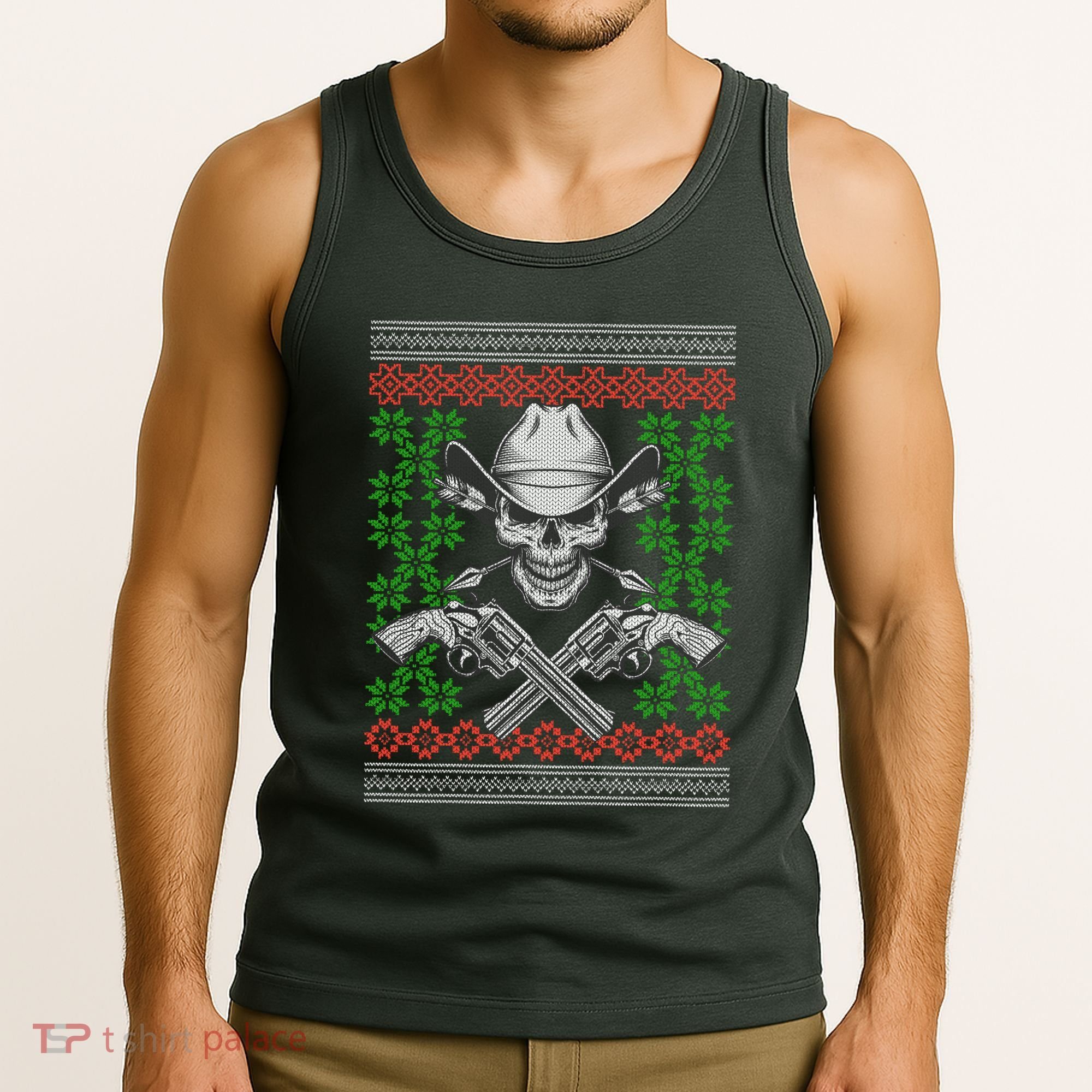 Cool Cowboy Skull Ugly Christmas Sweater Tank Top
